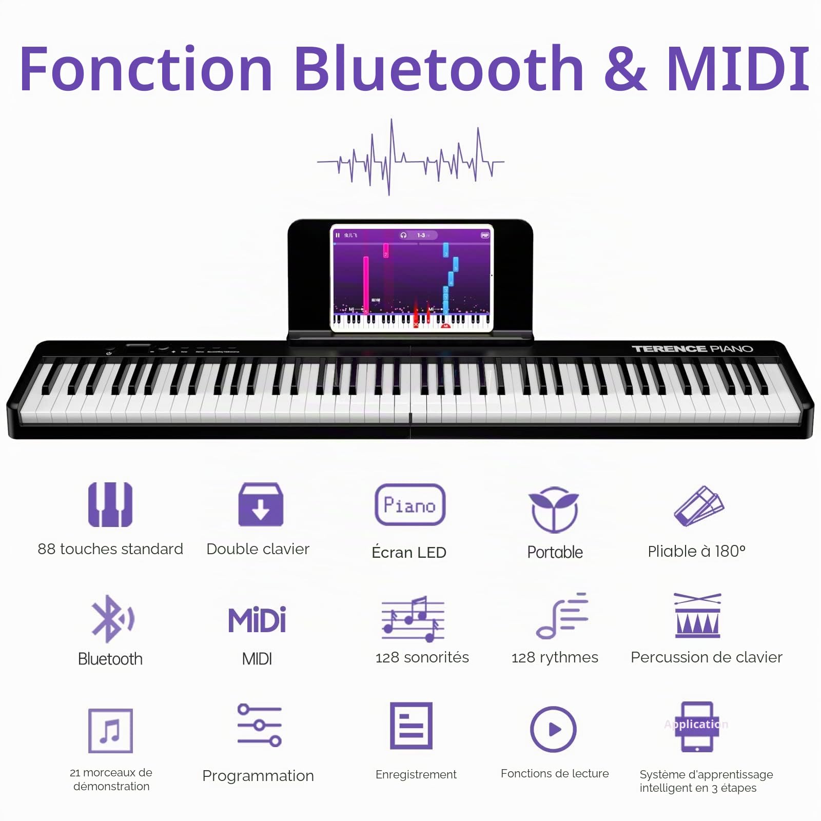 TERENCE Pliable Piano Numérique avec 88 Touches semi-lestées et Batterie de 1800mAh et interface USB MIDI avec support de partitions Bluetooth Sacs pour Clavier Câble audio Casque Pédale de sustain