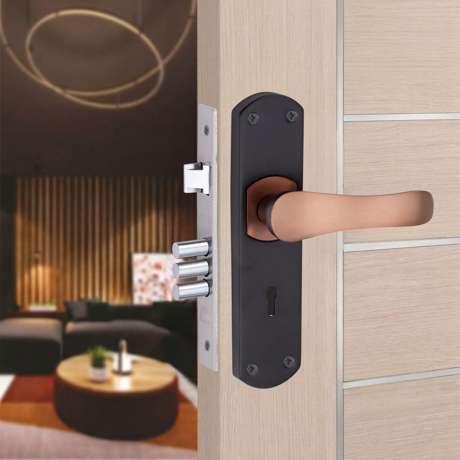 Milton Iron Mhi - R-300 Mortise Lock Set with Rose Copper Handle, Black Plate, 200mm Length, 125mm Handle, Keyhole Design, Complete with Keys and Hardware-image-26