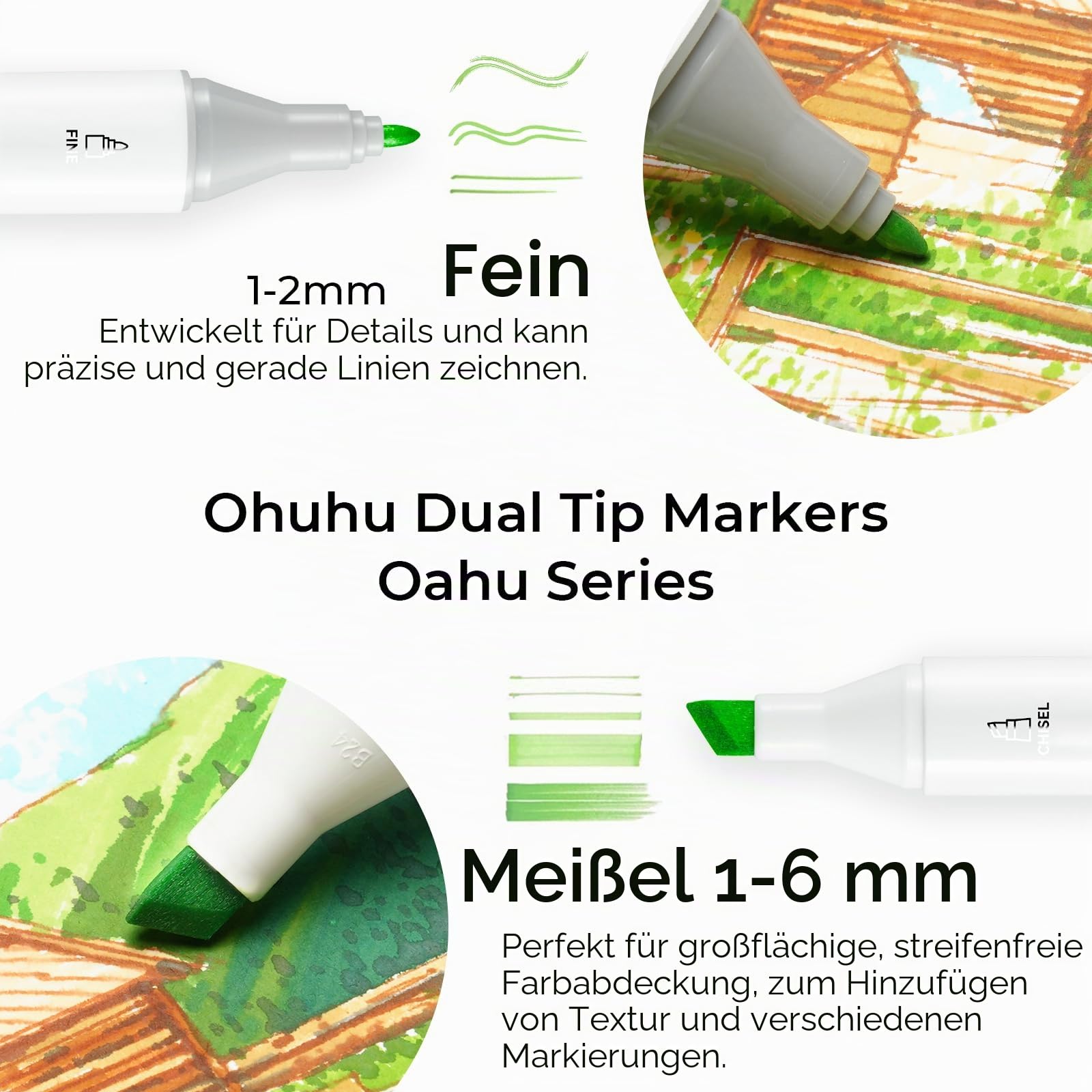 Ohuhu Alkohol Marker – 100 Farben mit Breit & Feinspitze Doppelspitziges Profi-Set für Zeichnen Skizzieren & Illustrieren, AP-zertifiziert & nachfüllbar