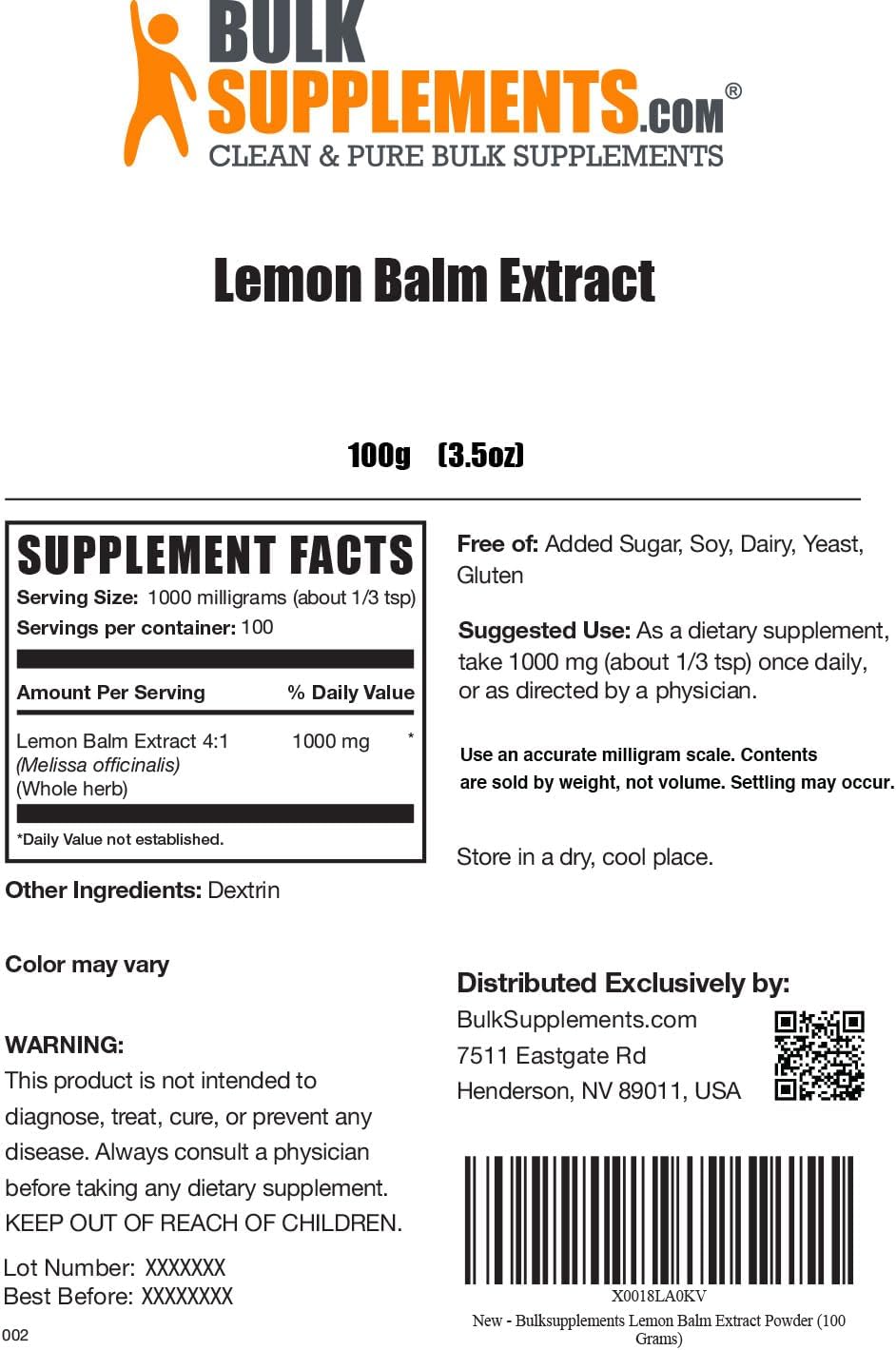 BulkSupplements.com Lemon Balm Extract Powder - Melissa Officinalis, Herbal Supplement - Gluten Free - 1000mg (1g) per Serving, 100 Servings (100 Grams - 3.5 oz)