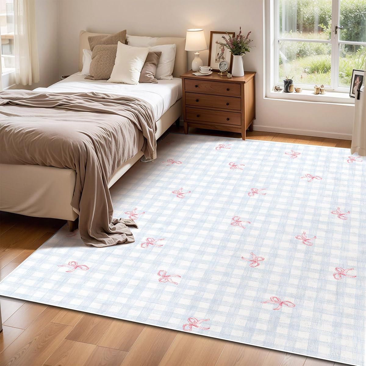 5x7 Area Rugs with Bow Pattern, Washable Rug for Girls Bedroom, Non-Slip Small Living Room Carpets, Baby Bedside Indoor Rug, Stylish Decor for Girl Couples Pet