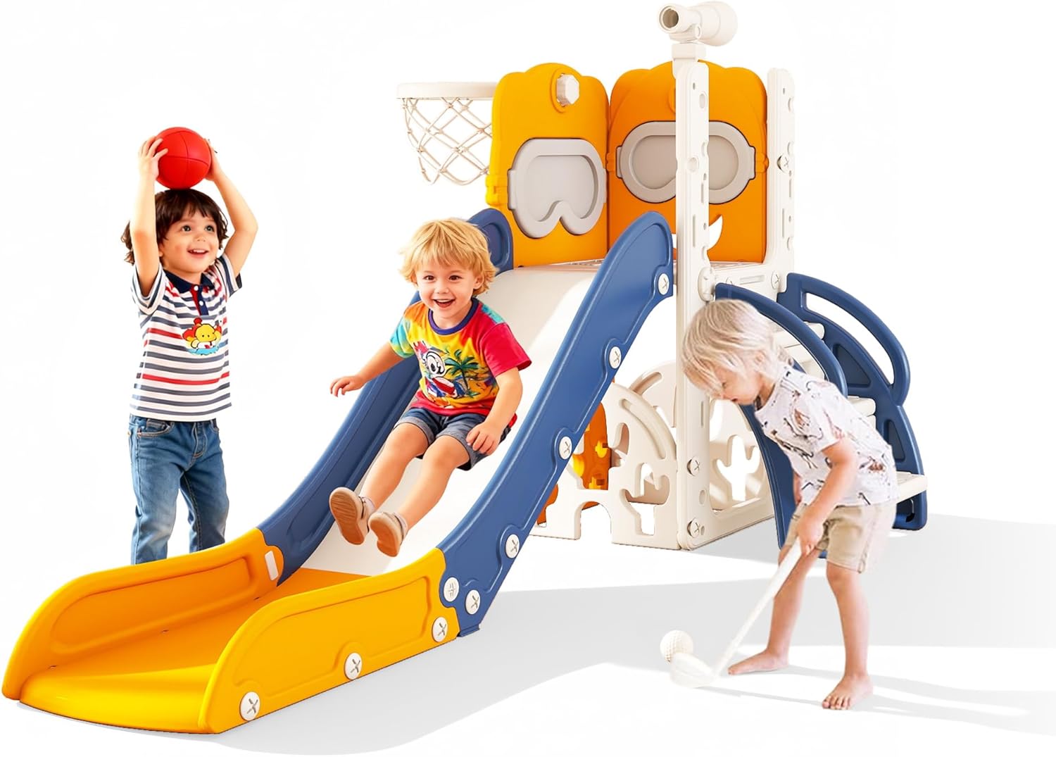 GITAWUSA 7 in 1 Toddler Slide Playset L-Shaped Indoor & Outdoor Playground for Kids Ages 1-3, Features Golf Set, Basketball Hoop, and Non-Slip Steps, for Boys & Girls, Blue & Yellow