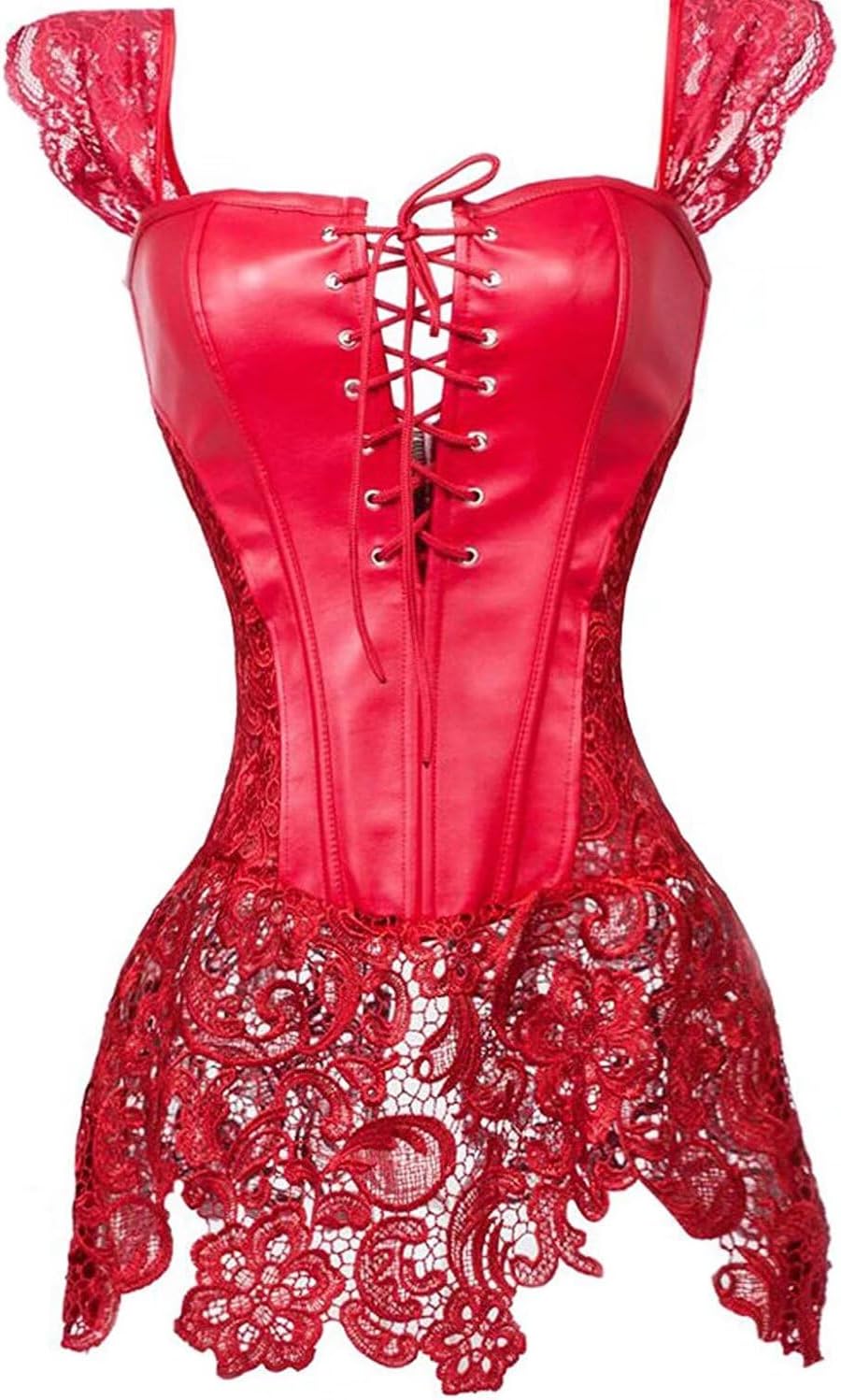 Leather Corset Bustier Dress Lace Straps Basque Women's Punk Rock Buckle-up with Black