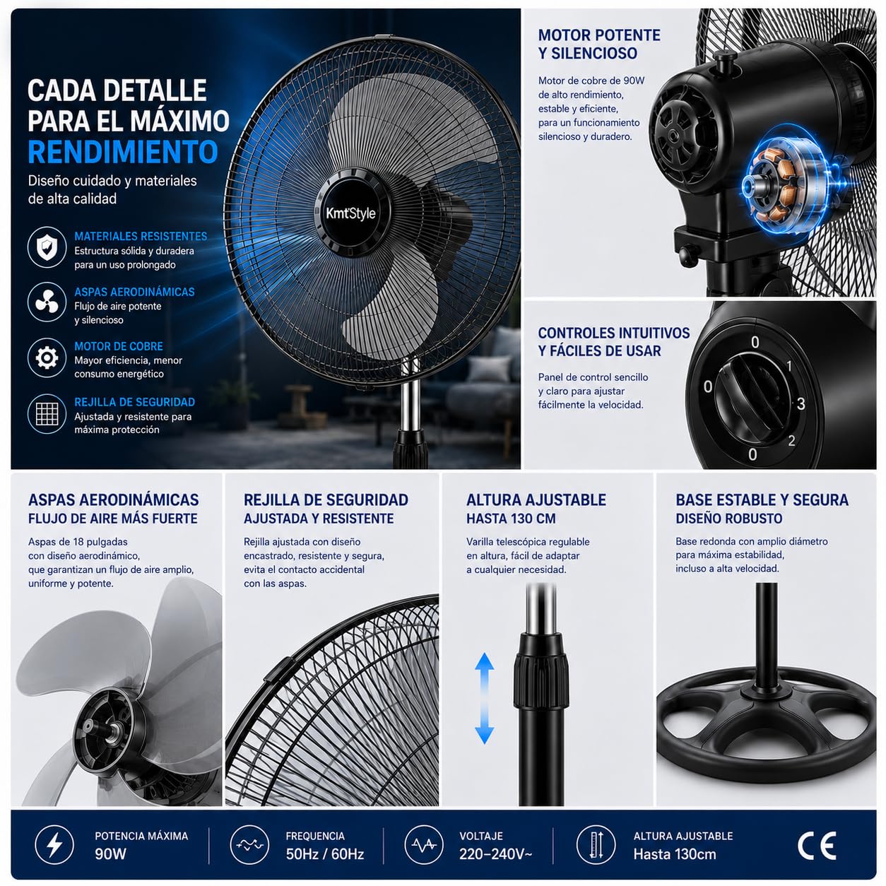 Ventilador de Pie de 18 Pulgadas, Potente Motor de 80W, Oscilación Amplia de 360°, 3 Velocidades, Altura de 125 cm, Ventilador de Suelo Silencioso para Hogar, Dormitorio y Oficina.