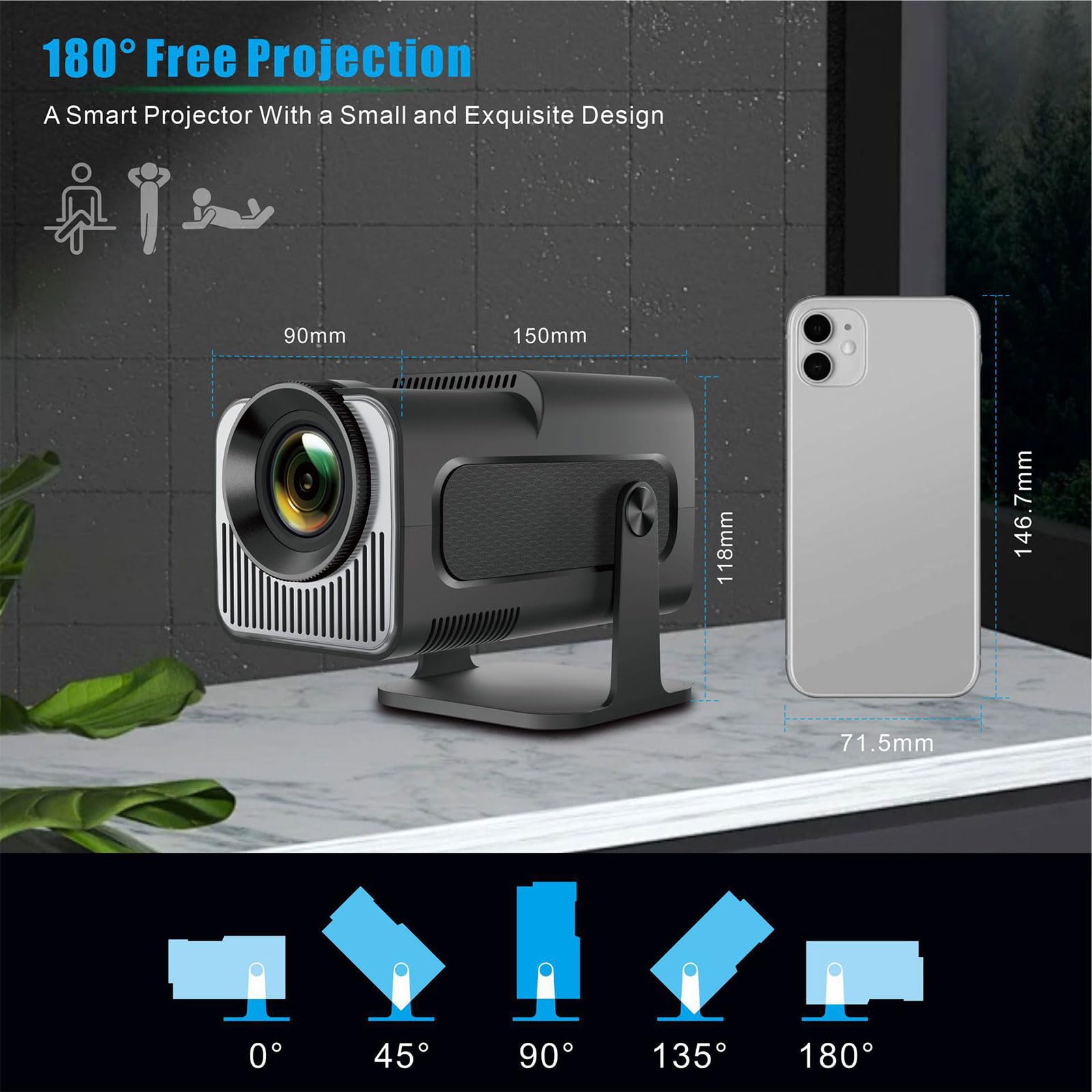 Proiettore intelligente Full HD 1080p, connettività wireless, effetti visivi 4K, rotazione a 180°, correzione trapezoidale automatica, supporto Android
