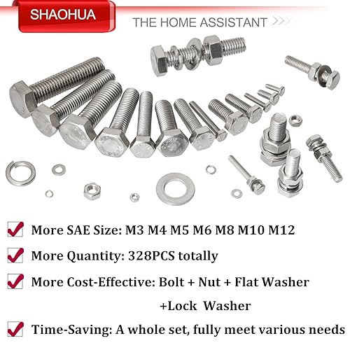 Miniatura 6 de SHAOHUA Kit surtido de 328 tornillos métricos M3M4M5M6M8M10M12, kit surtido de tornillos y tuercas de cabeza hexagonal plana de acero inoxidable