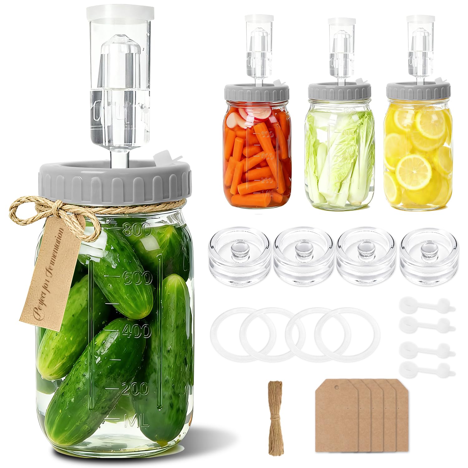 4-Pack Mason Jar Fermentation Kit(Jars Included) Four 32oz Fermentation Jars with Plastic Fermenting Lids, Airlocks, Silicone Rings & Grommets, and Glass Weights for Easy Fermenting & Storage