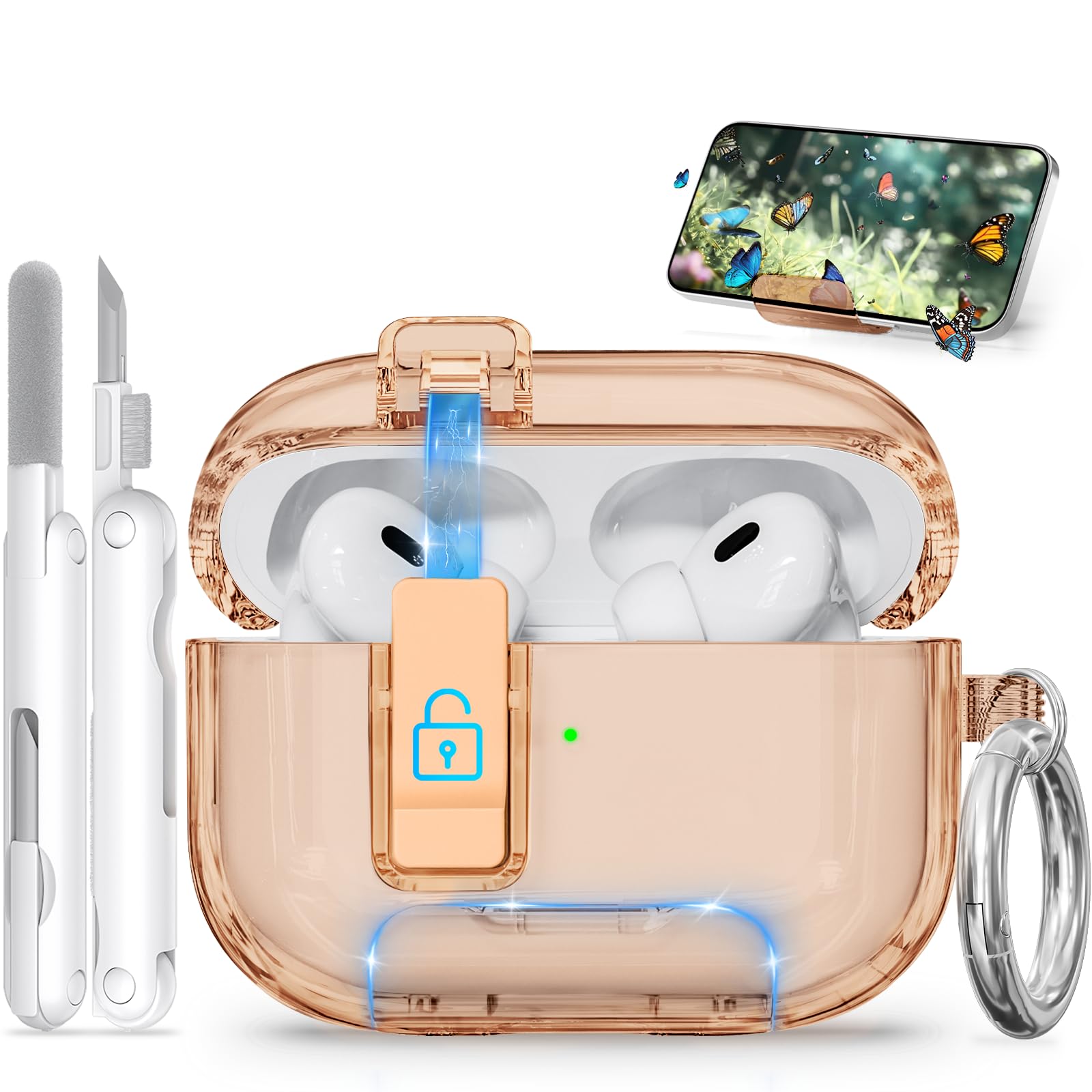 Ekoonpft for AirPods Pro 2 Case with Phone Stand &amp; Secure Lock, Auto-Open Clear Cover Compatible with Apple AirPods Pro 2nd/1st Gen (2023,2022,2019) with Cleaning Kit &amp; Keychain (Khaki)
