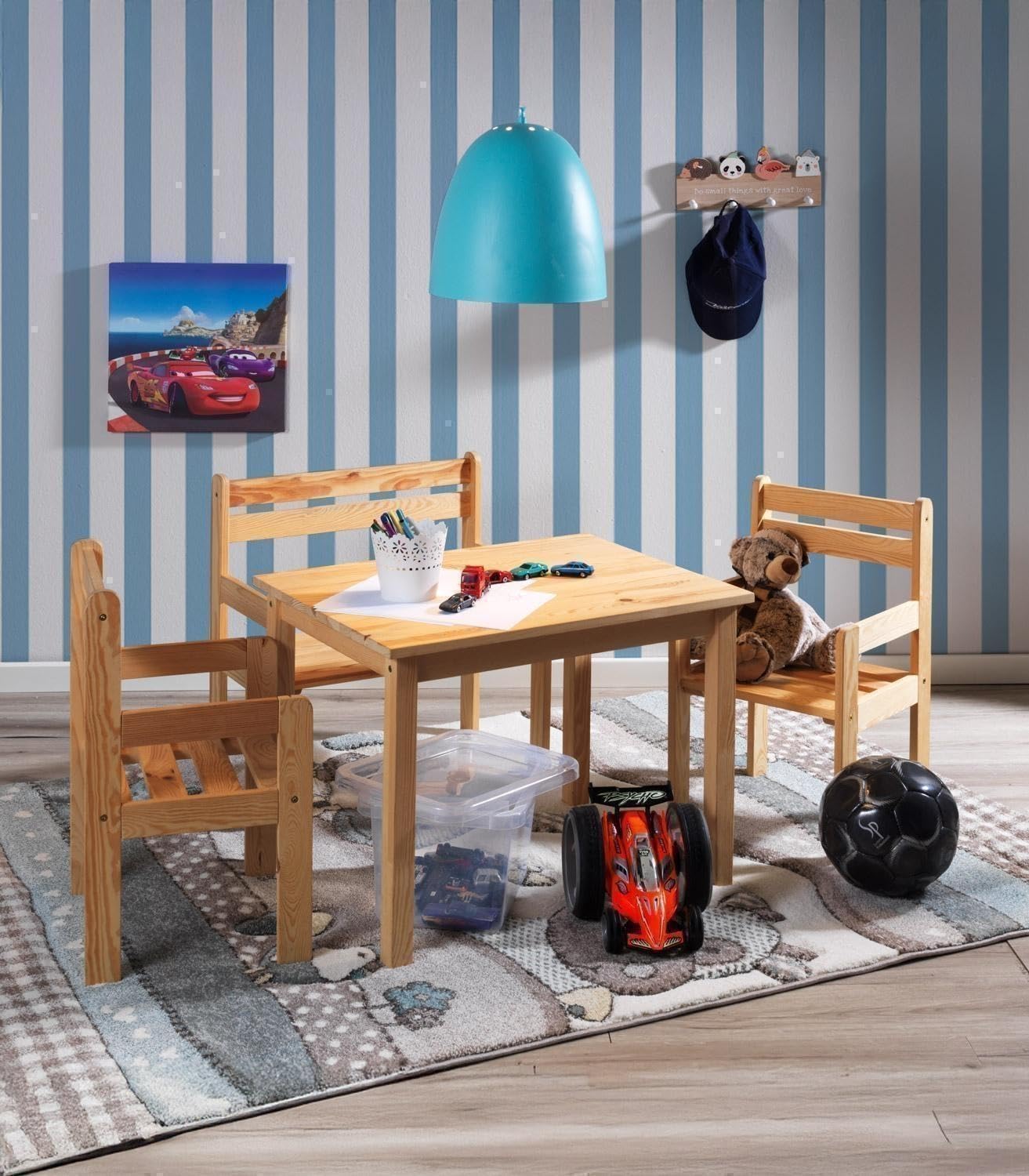 Kindersitzgruppe 4-teilig - mit Kindertisch, Sitzbank & 2 Stühlen - Braun - Kiefernholz Massiv - Sitzgruppe Kindertischgruppe Holzsitzgruppe