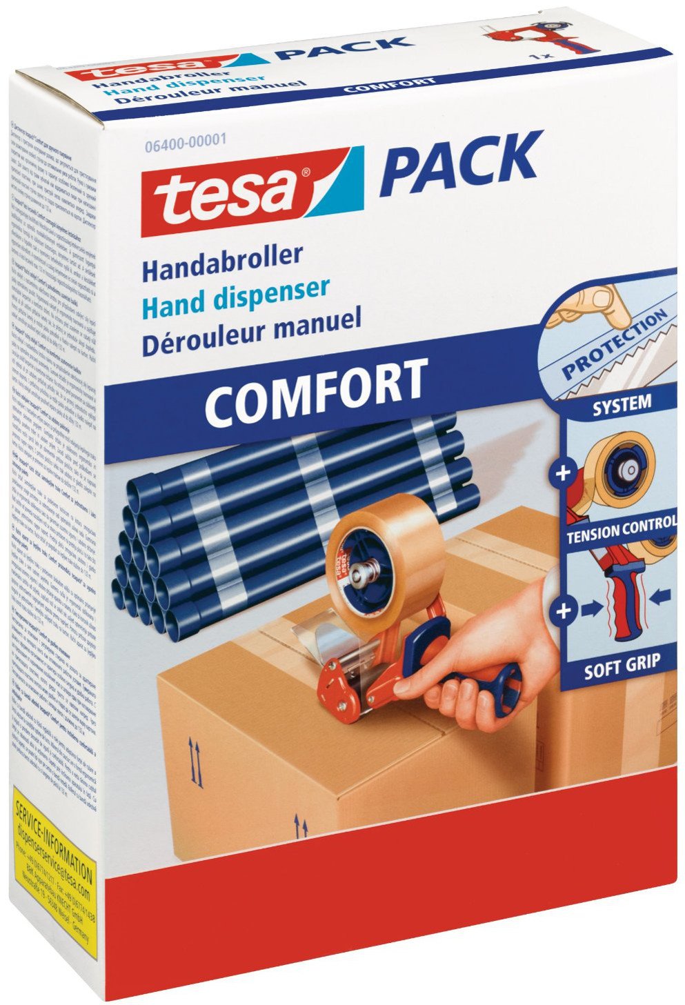 tesa 6400 Packband Handabroller COMFORT - Abroller für Paketbänder & Easy Cut Economy Klebebandabroller mit ecoLogo für Tische/Ökologischer Tischabroller mit Anti-Rutsch-Technologie