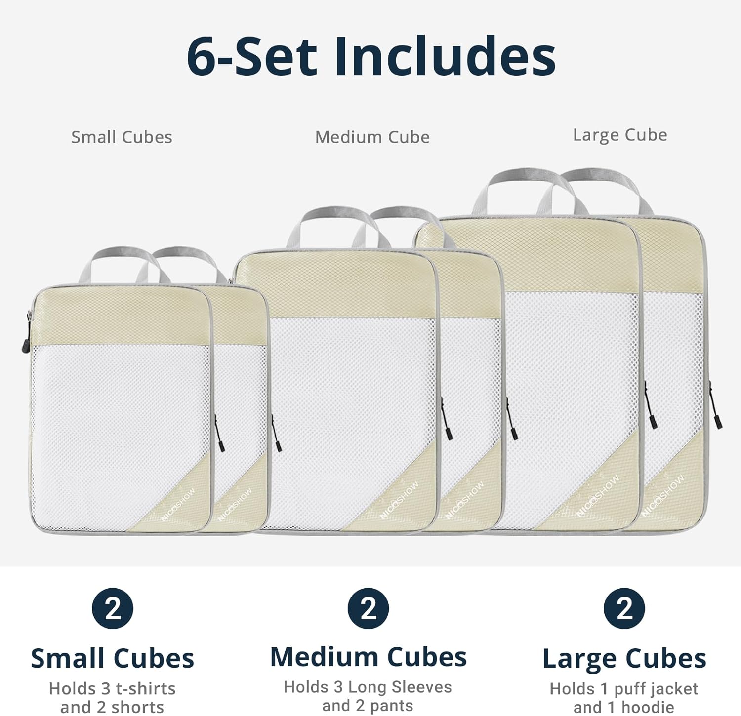 NICOSHOW Compression Packing Cubes 6 Set, Compressible Space-Saving Packing Cubes for Travel - Compression Bags, Luggage Organizer, Travel Essentials for Women, Beige