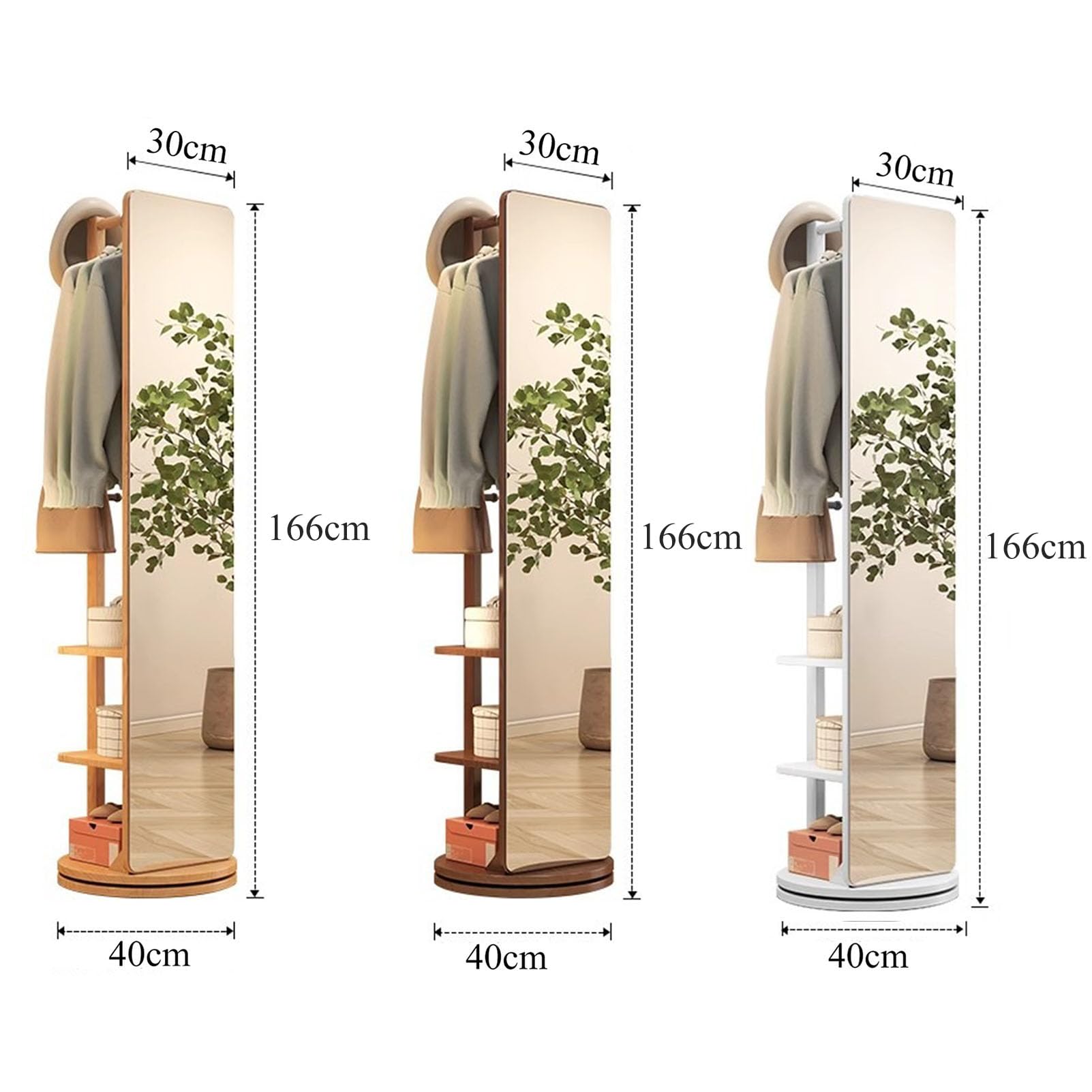 Girevole Full Body specchio appendiabiti ganci, Specchio a figura intera in legno massello rotante a 360° , 2-in-1 in piedi specchi con appendiabiti, per soggiorno Camera da letto Guardaroba