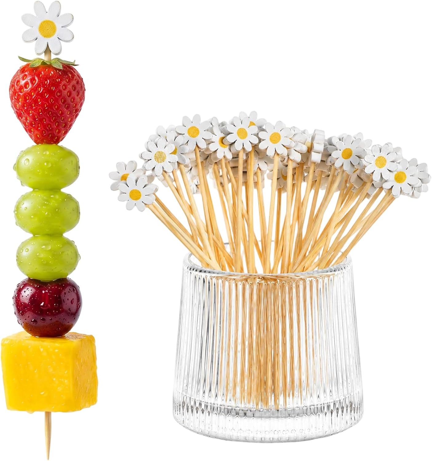 50Pcs Daisy Cocktail Picks 4.7 Inch Flower Cocktail Toothpicks Bamboo Daisy Fruit Skewers Decorative Toothpicks Food Sticks for Sandwich Drinks Floral Party Decorations Charcuterie Accessories