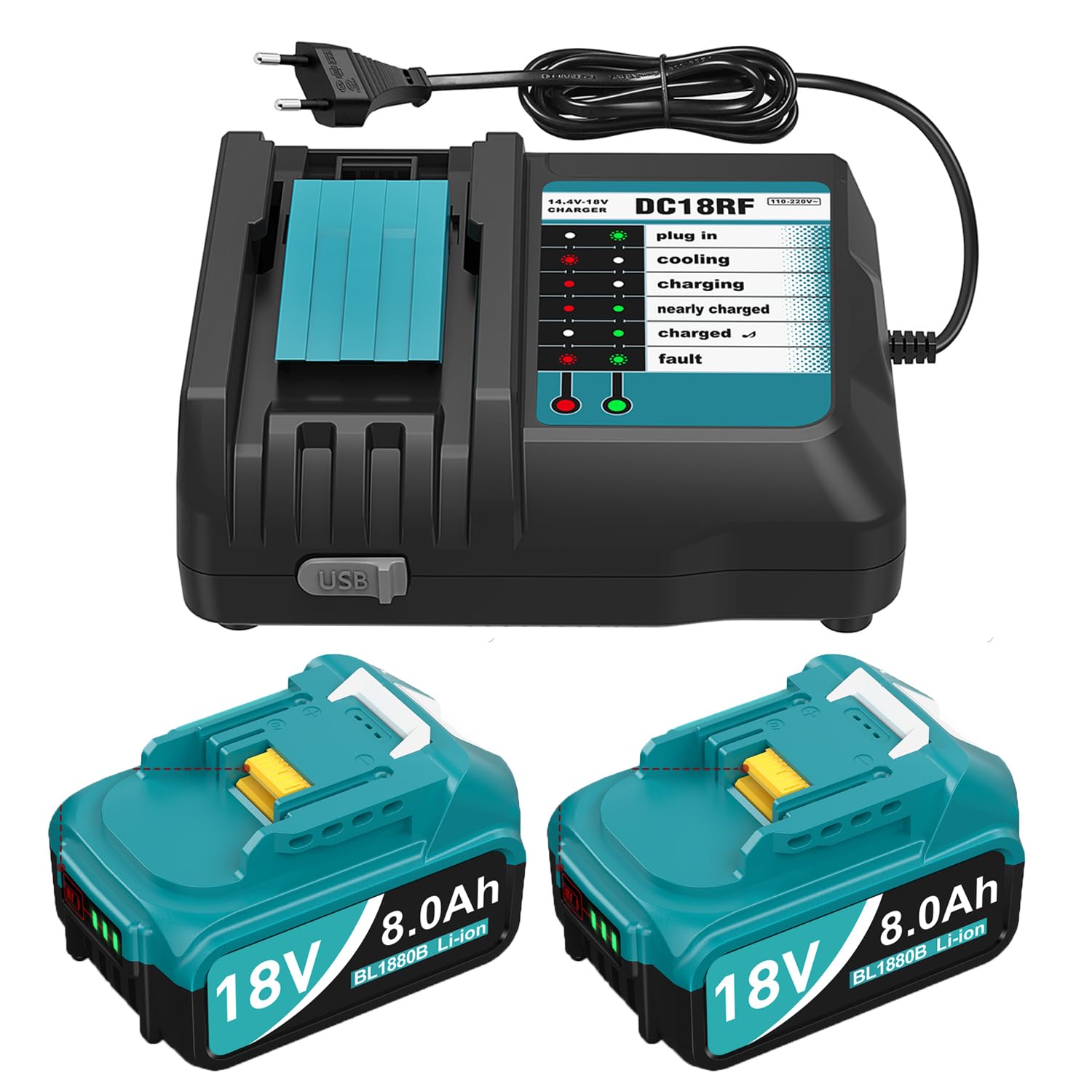 Cargador DC18RF + 2 baterías de 8,0 Ah 18 V, compatible con herramientas Makita LXT, repuesto para BL1860B/BL1850B, indicador LED y protección múltiple