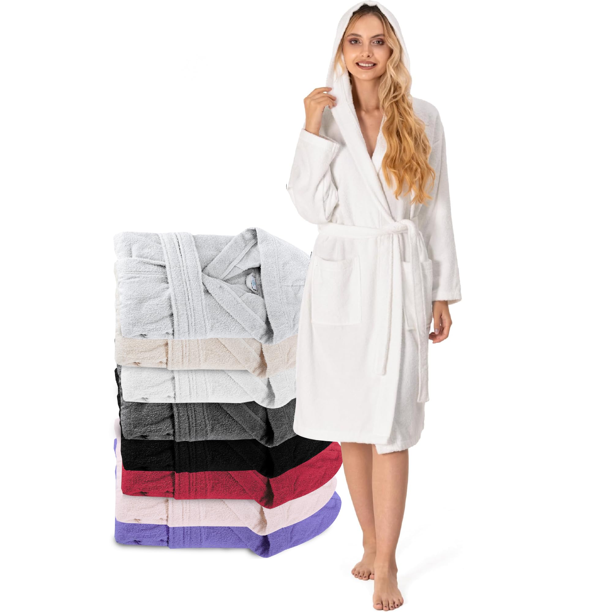 Twinzen Bademantel Damen - 100% Baumwolle OEKO-TEX® Zertifiziert - XS, S, M, L, XL - Morgenmantel Damen mit Kapuze, 2 Taschen, Gürtel