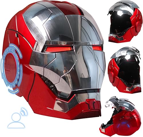 Iron-Mans Casco electrónico Mark 5 casco plateado control de vozdeteccióncontrol remoto de aperturacierre con sonidos y ojos LED iluminados Super