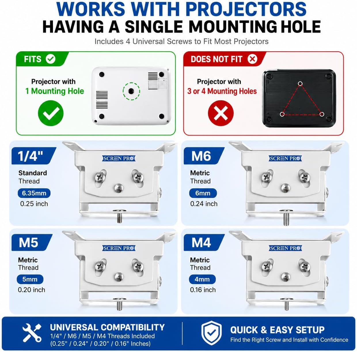 Single-Hole Projector Mount, Fits M4 M5 M6 & 1/4", White-PM-S-85 image 4