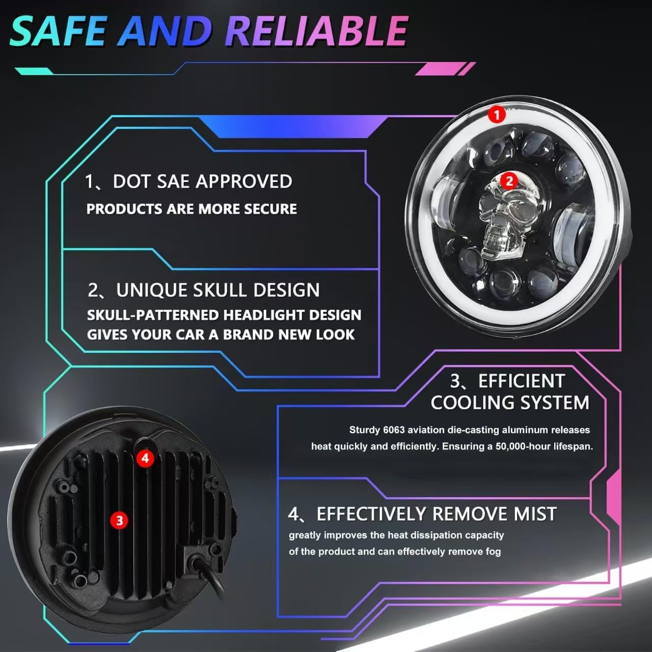 5.75 Inch Motorcycle LED Headlight, Skull Pattern Colorful Angel Eye Round Headlamp with High/Low Beam Turn Signal DRL and Light LED Headlig