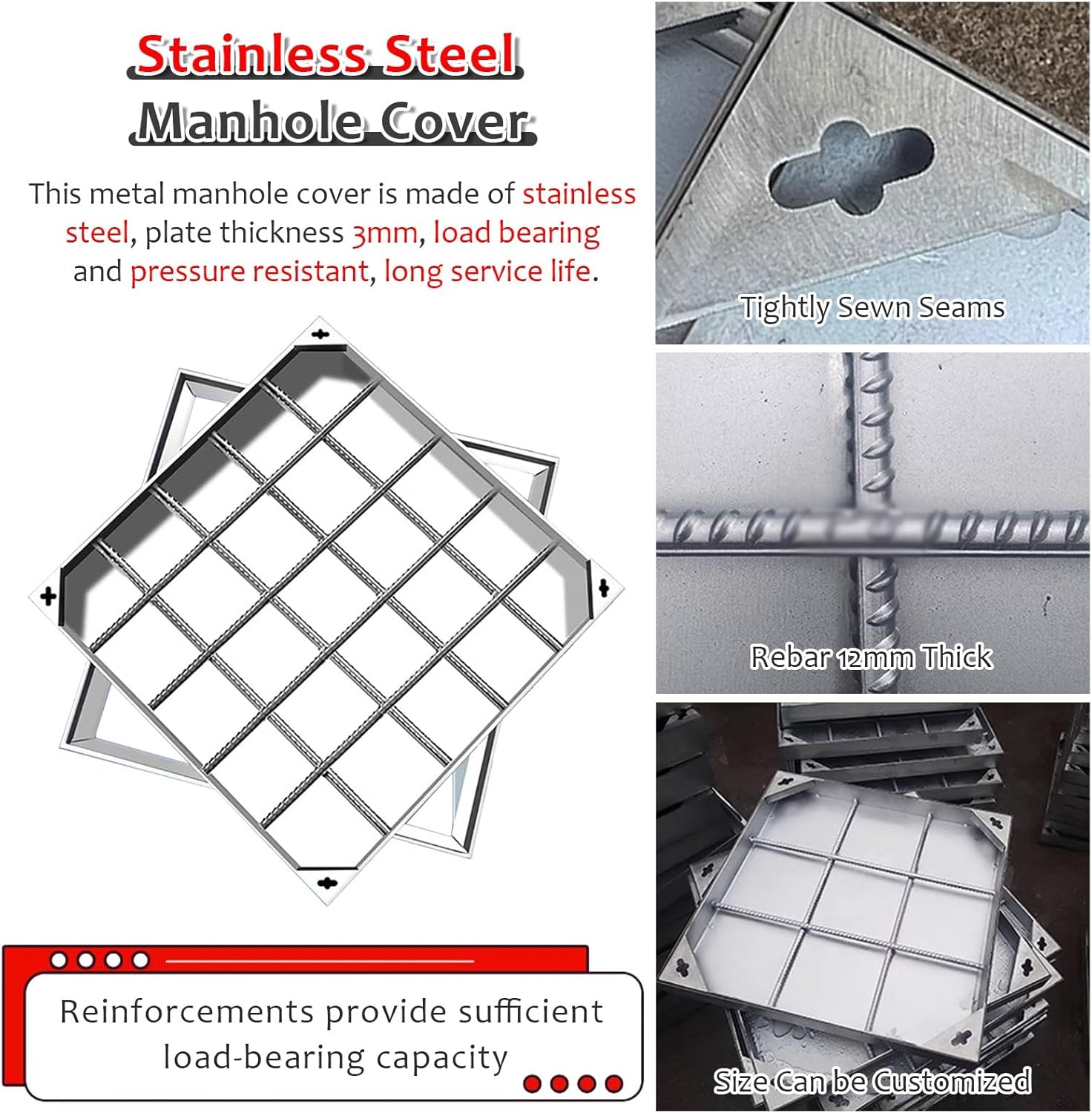 排水溝埋め込み式マンホールカバー＆フレーム - シルバースクエア屋外埋め込み式マンホール蓋 - 長方形ステンレススチール検査室、シル