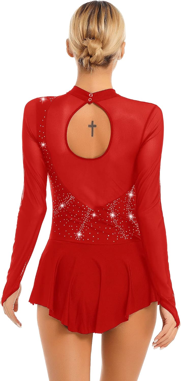 Freebily Women's Figure Ice Skating Dress Long Sleeve Shiny Rhinestones Roller Skating Lyrical Dance Costume