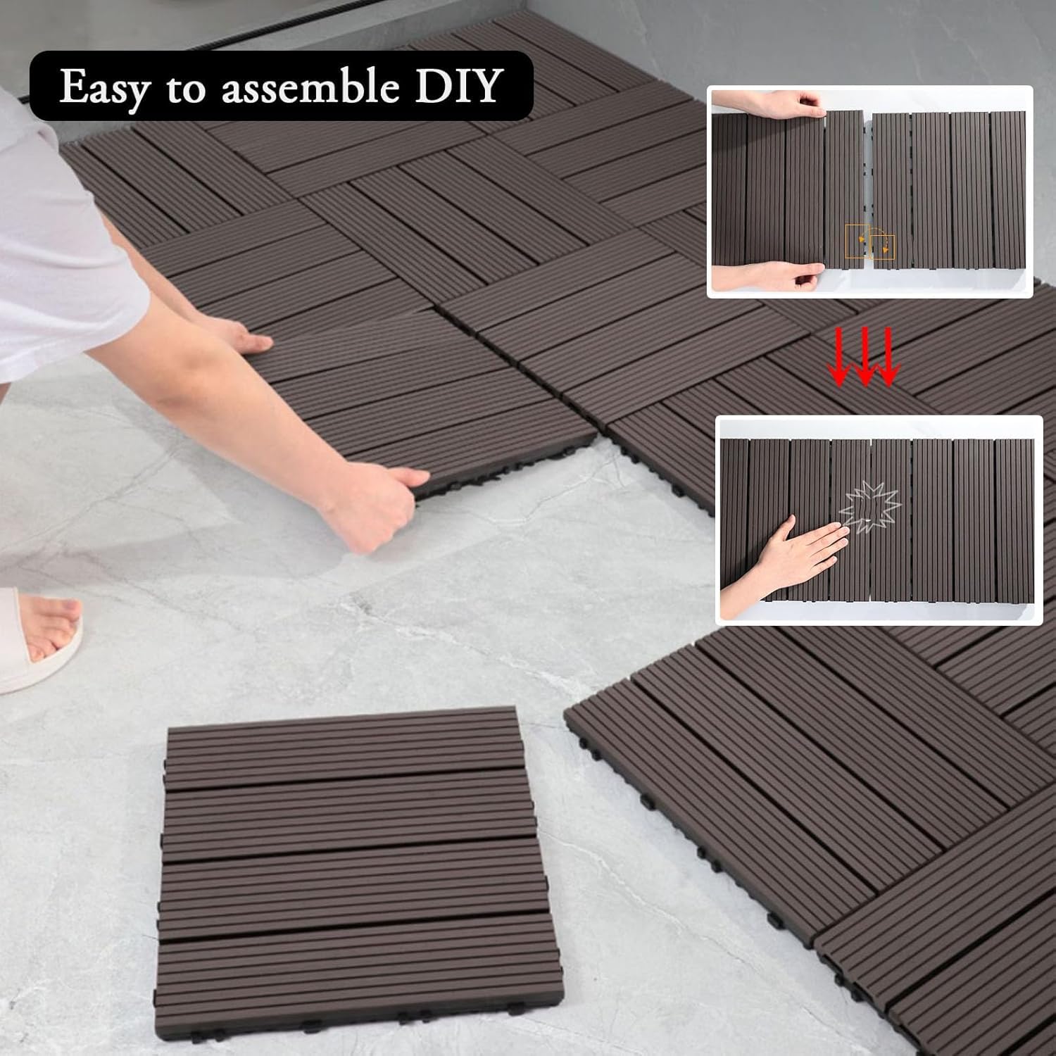 Dalles et lames de terrasse en composite, Tuiles de terrasse emboîtables en bois multicolores 10 pièces(Coffee)
