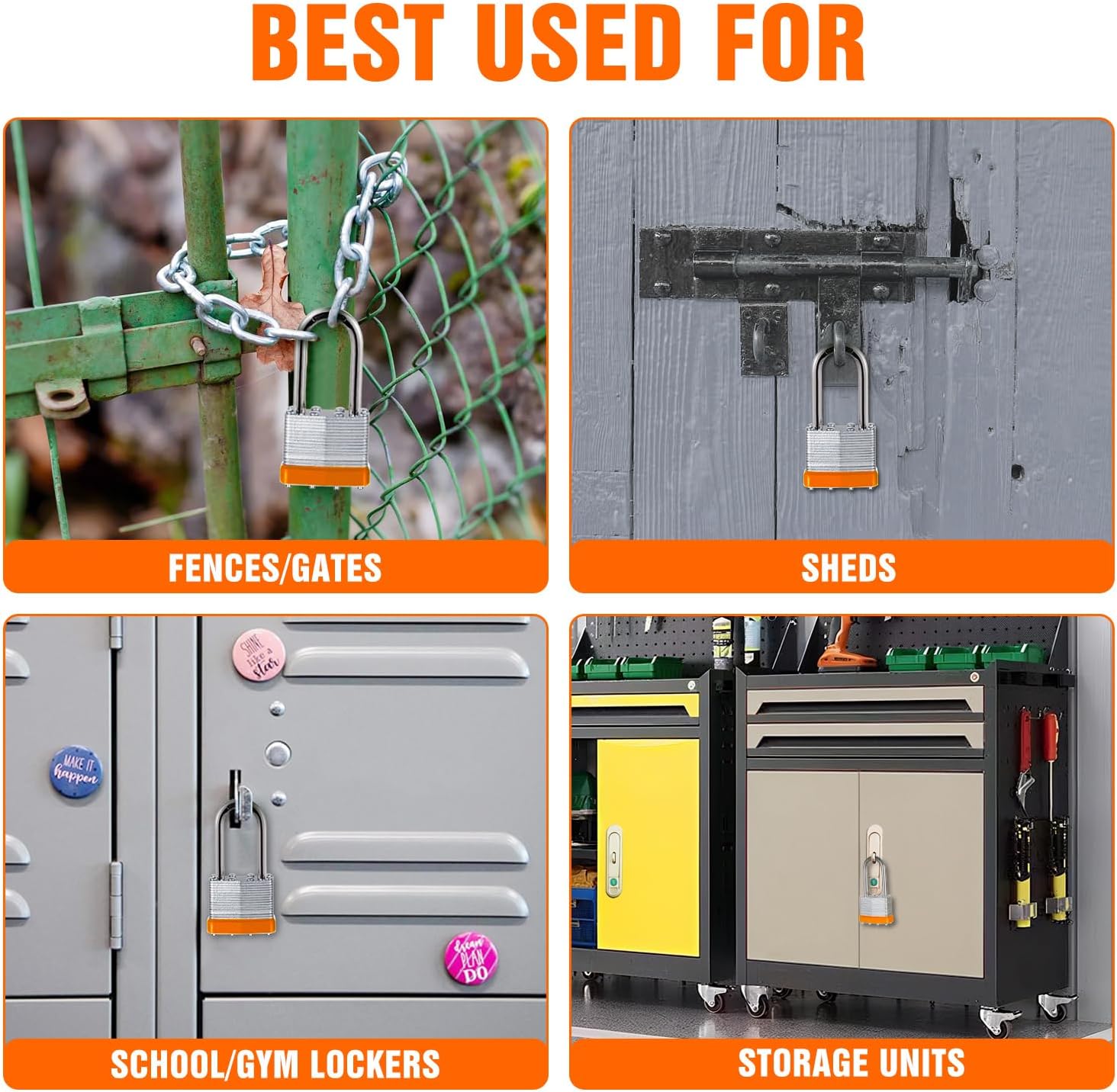 12Pcs Padlocks with Same Keys,Laminated Steel Orange Silver(1-9/16",40mm),Long Shackle for Sheds,Gates,Fences,Toolbox,Outdoor and Indoor Use