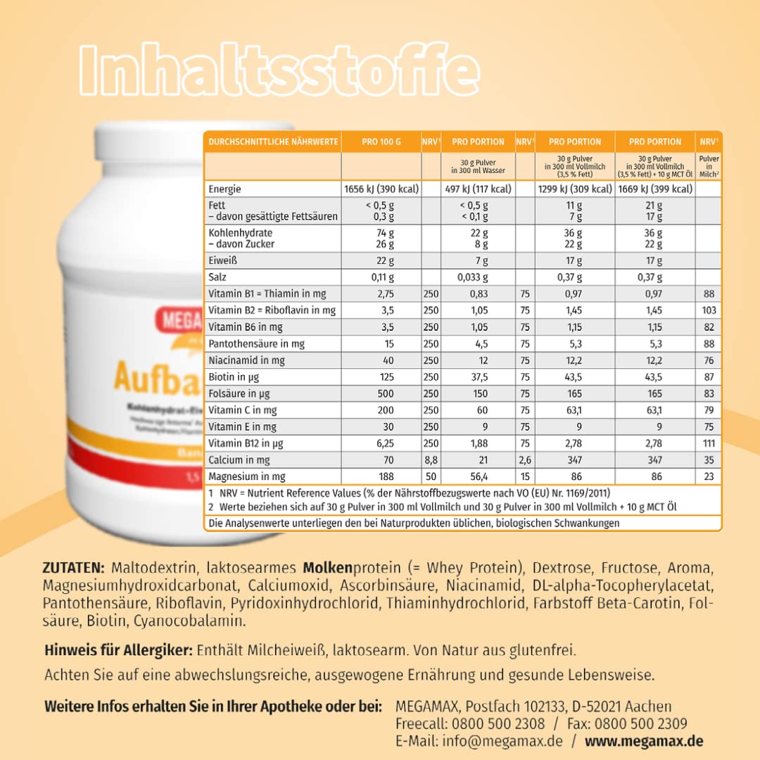 MEGAMAX Aufbaukost Banane 1.5 kg Ideal zur Kräftigung und bei Untergewicht. Proteinpulver zur Zubereitung eines fettarmen Kohlenhydrat-Eiweiß-Getränkes für Muskelmasse u. Muskelaufbau Gewichtszunahme