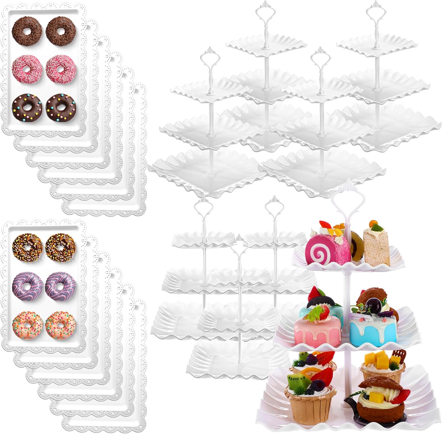 20 Pack Square Dessert Cupcake Stand Dessert Table Display Set Include 8 Pcs 3 Tier Cup Cake Holder Tower 12 Pcs White Serving Tray for Wedding Birthday Baby Shower Tea Party Decor