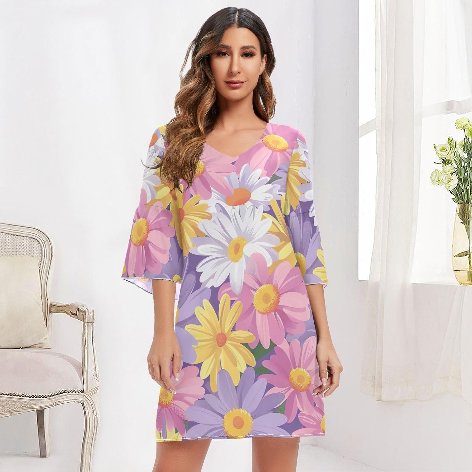 Retro Daisy Pastel Casual Dress Printed Hawaiian Print Dress Women S-XXL