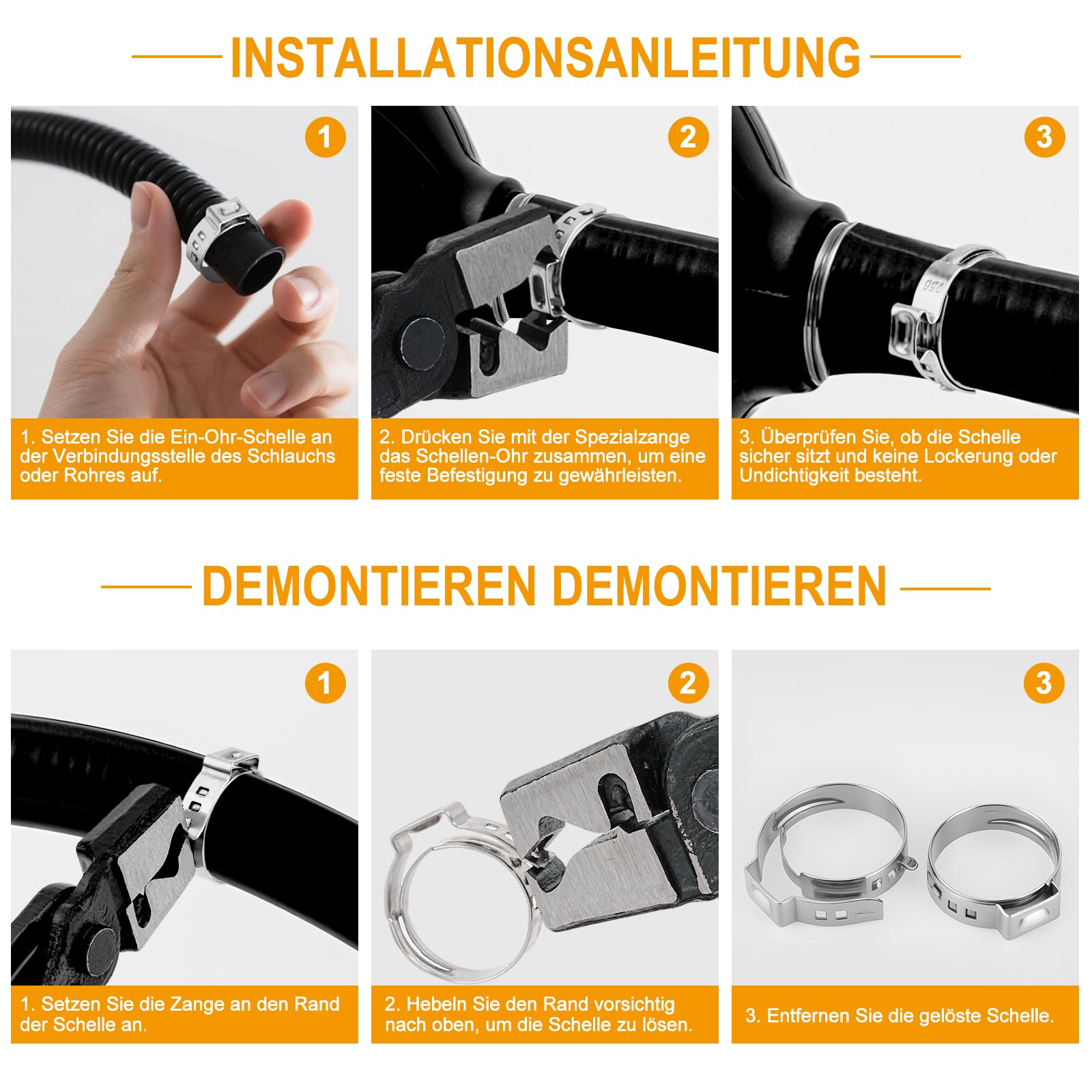 160PCS Einohr-Schlauchschellen aus Edelstahl mit Schlauchklemmzange – 14 Größen (5.3-33.1mm) | Robuste Klemmschellen für Schläuche