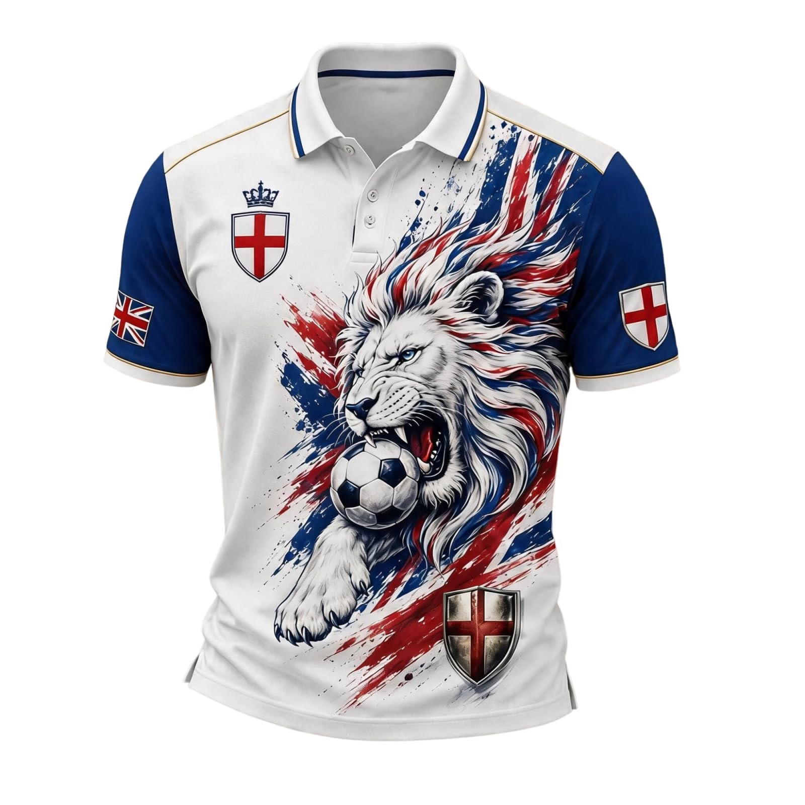 New England Football Shirt 2026 Mens Lion Print Short Sleeve Polo Shirt for Supporters of Football Casual National Flag Print Button Down Collar Top Outdoor Sports Shirts for Men Light Blue XXXXXL