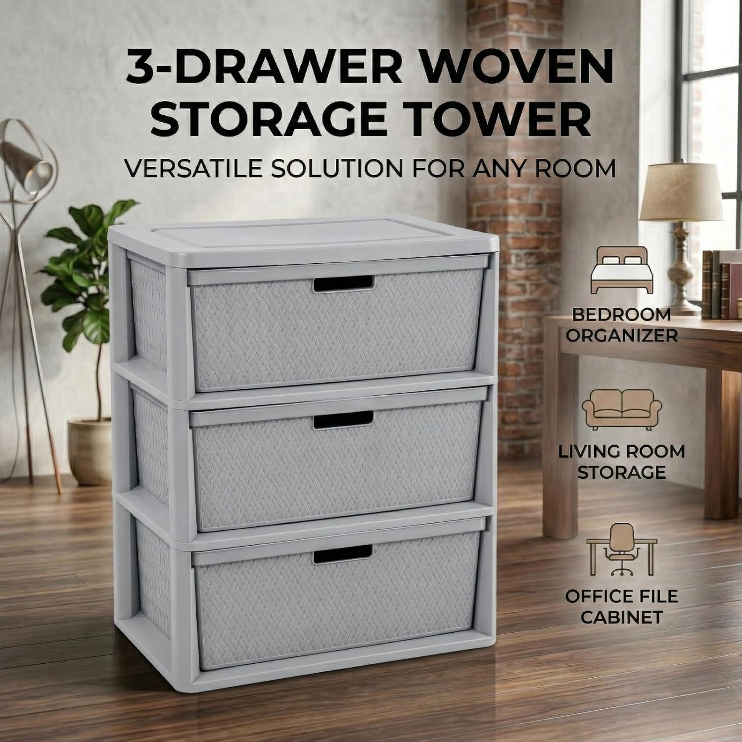3-Drawer Gray Wide Storage Tower, Decorative Cross-Weave Plastic Dresser, Tool-Free Assembly Organizer Unit with Removable Portable Bins, Versatile Multi-Room Organization