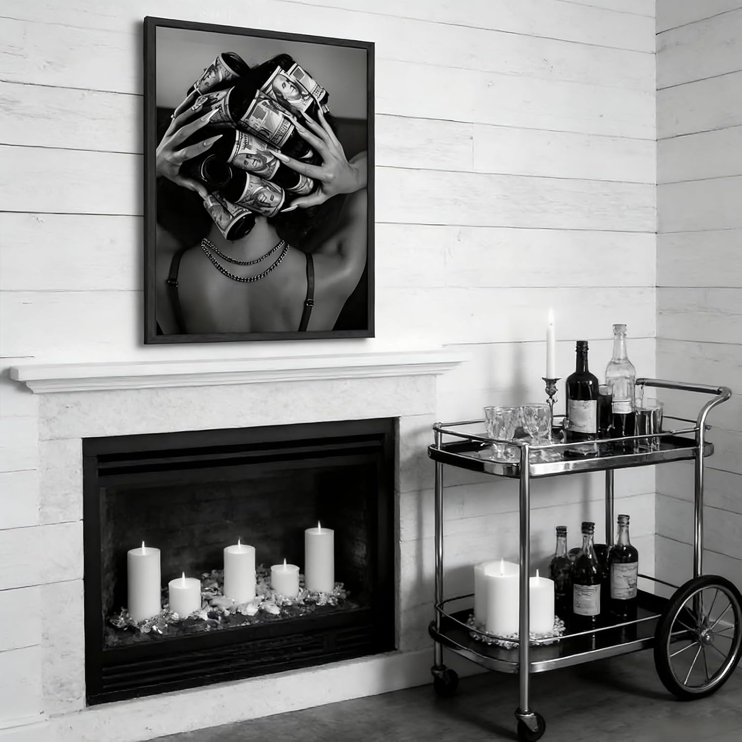 Framed Black and White Fashion Canvas Wall Art Luxury Feminist Picture Wall Decor Trendy Woman with Money on Head Poster Print for Girls Bedroom Apartment Dorm Bar Cart Home Decoration 12x16in