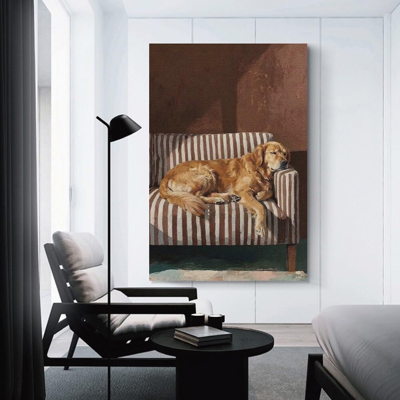 Junmoney Unframe-Style-17 Golden Retriever Sleeping On Striped Couch Wall Art Print, 20X30inch(50X75cm), For Corridors, Hallways Or Apartment Entries, Wall Decor To Refresh Empty Corners