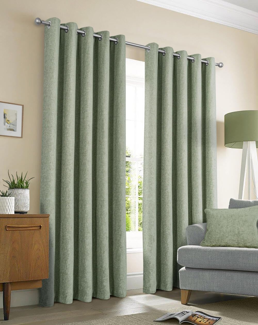 Pikk Sage - Thermal Amberley - Plain Thermal Lined Curtains - 40Mm Eyelet Header - Polyester (, 66" X 90" / 168Cm X 229Cm)