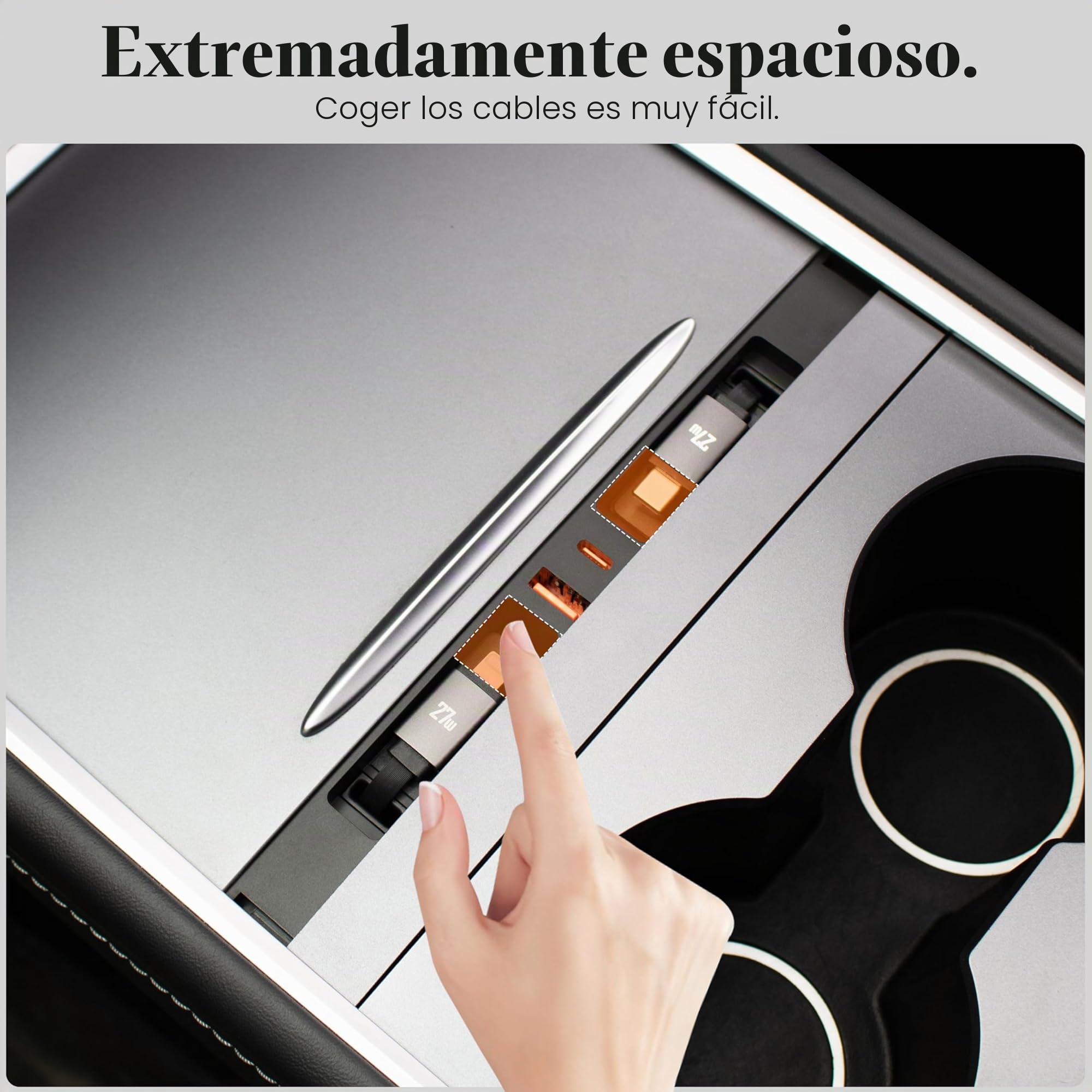 Concentrador USB con Carga para Tesla Model 3 2021-23 y Model Y 2021-24 con Dos Cables Retráctiles de Carga Rápida Tipo-C de 27W, Accesorios para Estación de Acoplamiento de Consola Central
