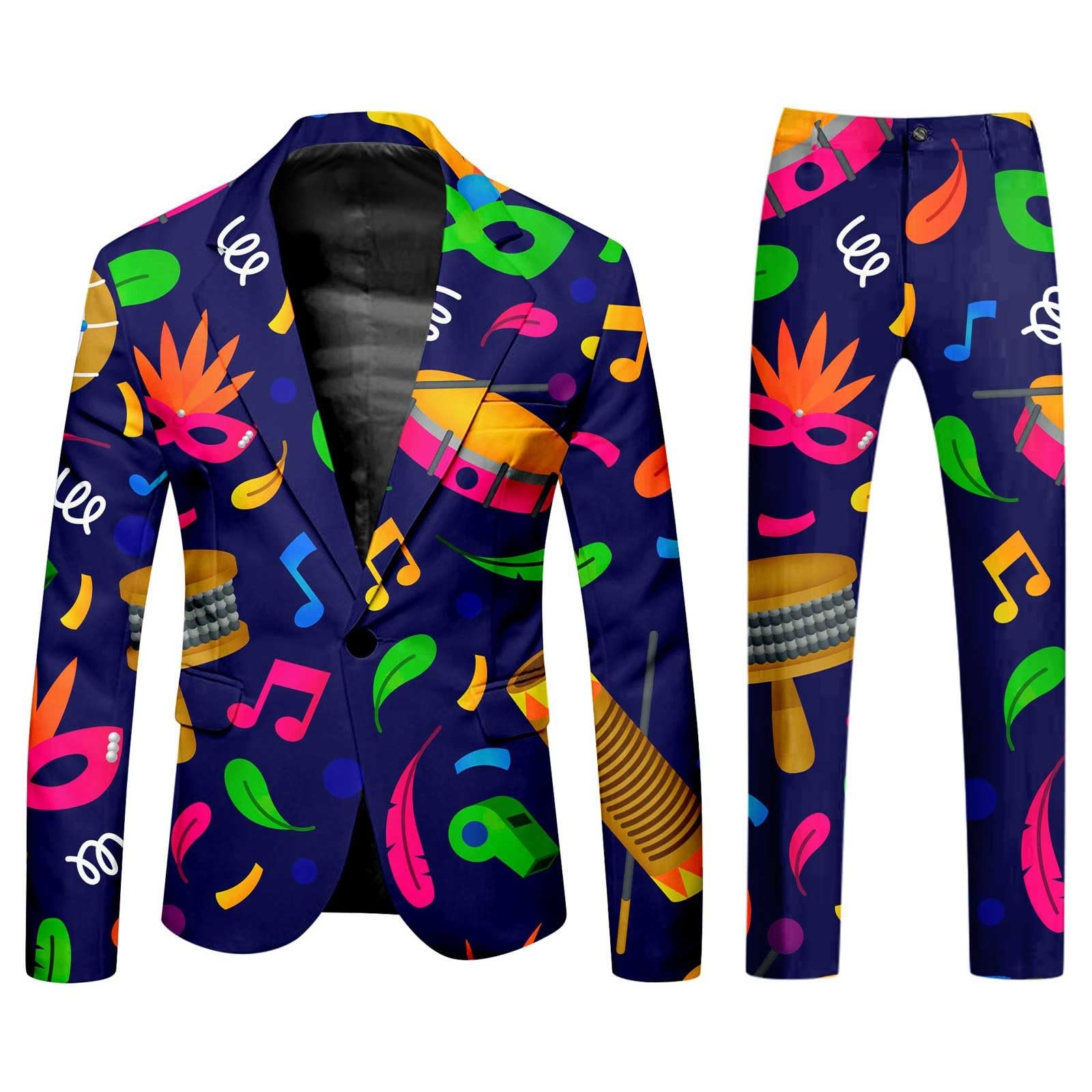 Anzug Herren Lustiger Masken Drucken Faschingskostüme Bunte Funky Suit Einreihiger Blazer und Hose Klassisch Smoking Anzüge Festliches Party Mardi Gras Karneval Kostüm