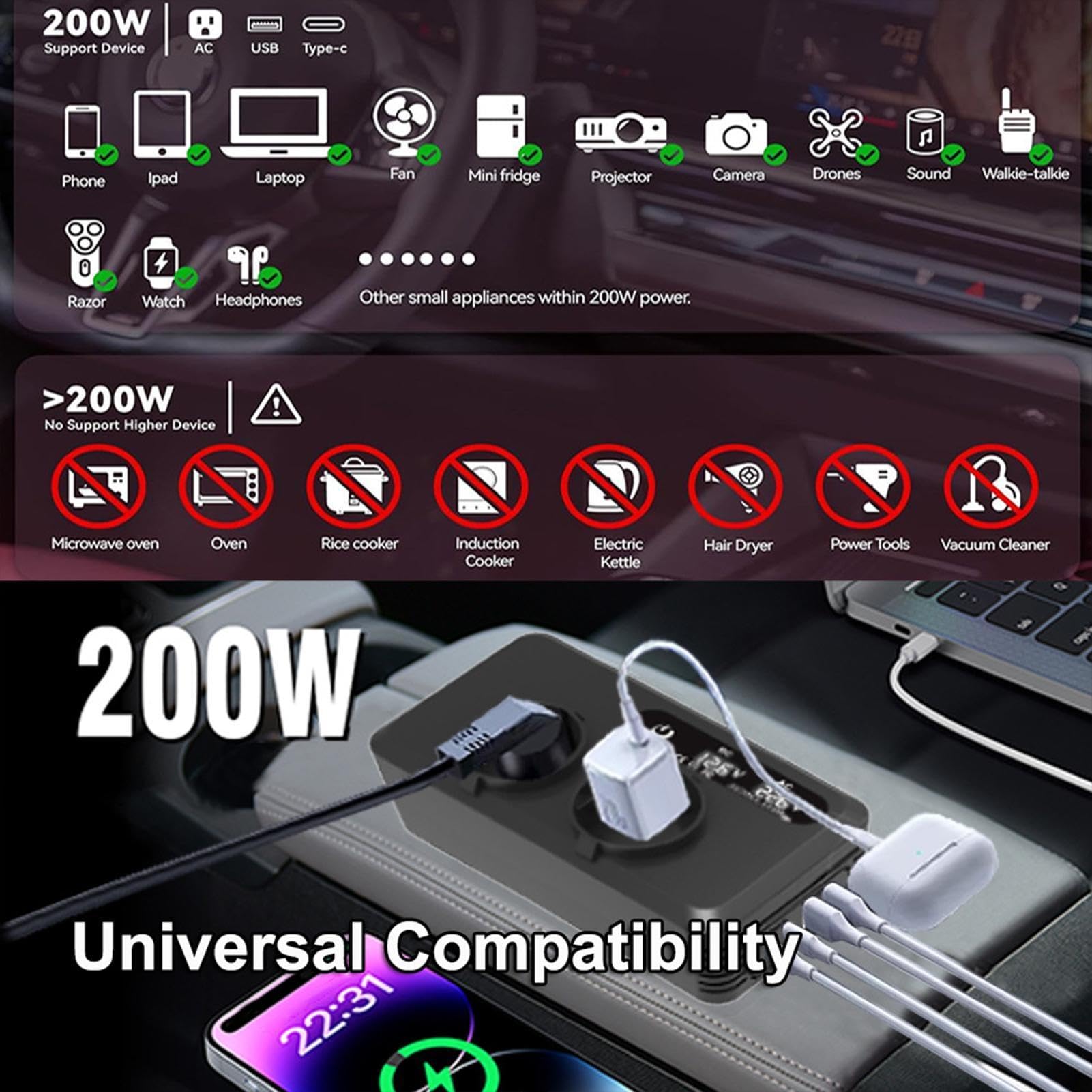 200W Inwerter Samochodowy Adapter do Gniazdka Samochodowego i Akumulatora