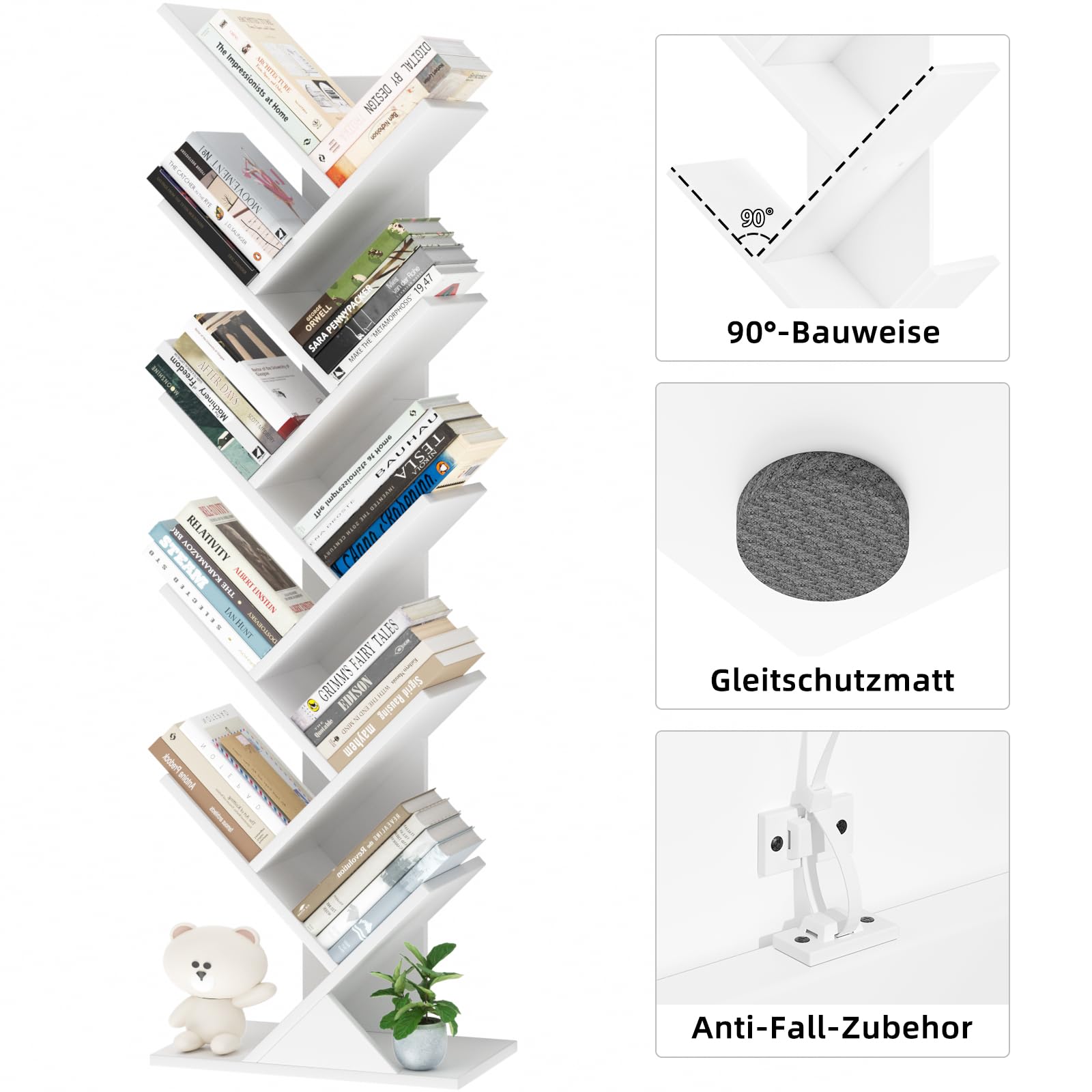 LELELINKY libreria ad albero, scaffale verticale a 10 livelli per libri/CD/riviste, libreria DVD in legno, per soggiorno, camera da letto e ufficio, bianco