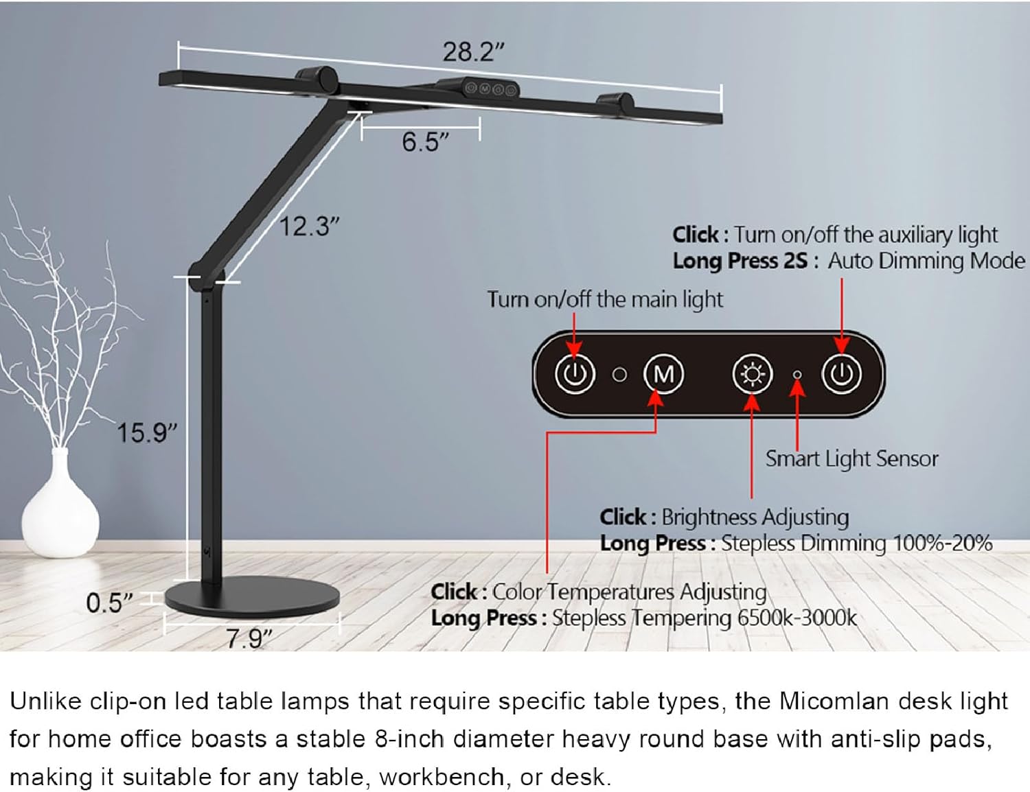 Garosa LED Desk Lamp Angle Adjustable LED Table Light Desk Lamp 3000-6500K Stepless Dimmable Eye Friendly Desktop Lamp 24W for Home Office Study Work (US Plug)
