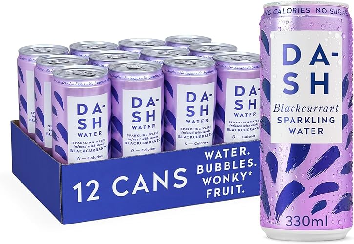 DASH Water Cassis – 12x Eaux pétillantes aromatisées au cassis. SANS Sucre, SANS Édulcorant, SANS calories – Infusées avec des Fruits rejetés (12x330ml) - Cassis - 330 ml (Lot de 12)