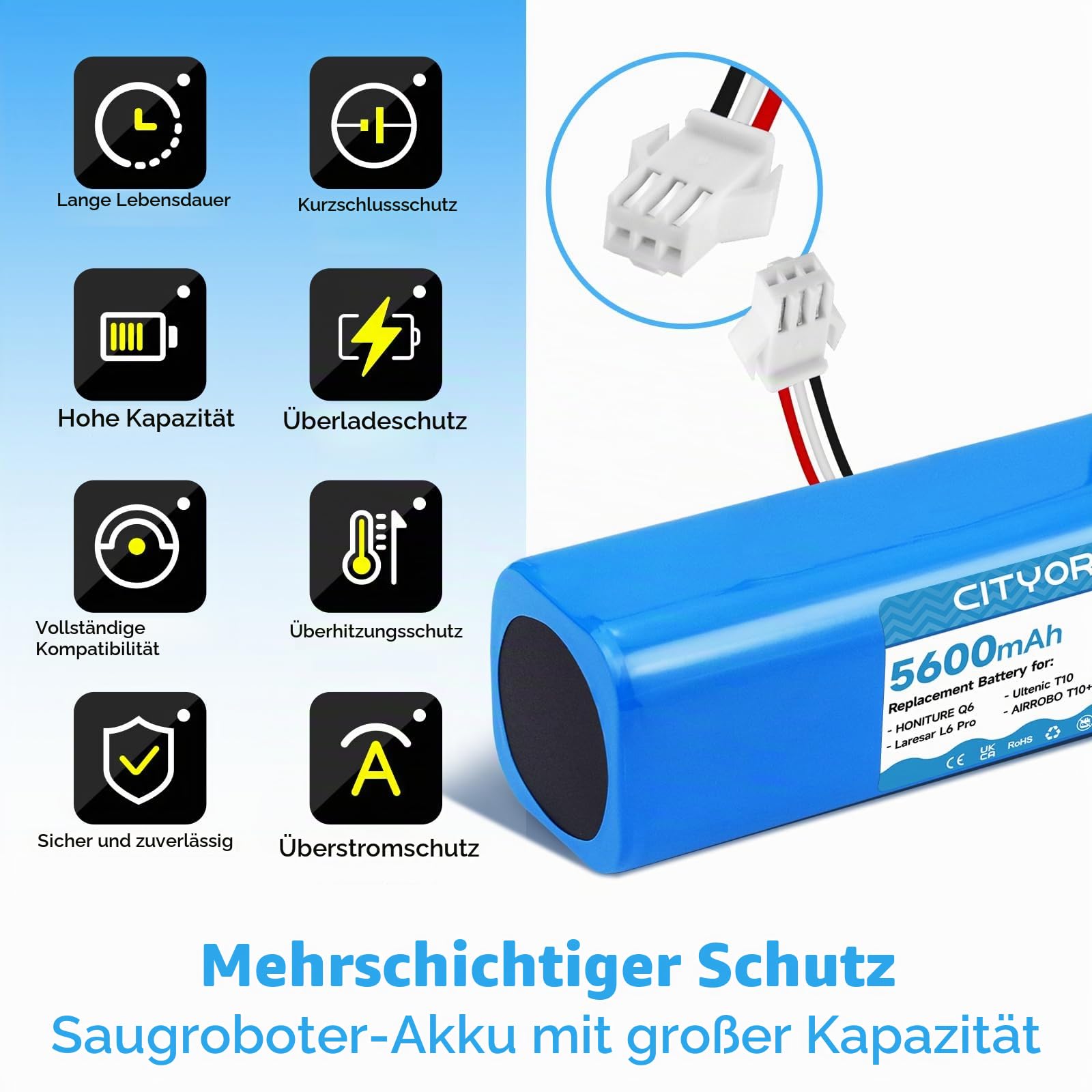 CITYORK 14,4V/5600mAh Akku für HONITURE Q6/Q6 Pro, Für AIRROBO T20+ T10+ T9, Für Laresar L6/L6 Pro Laresmart, Für Ultenic T10/T10-Pro,Für Coredy L900 L900X,Für Arnagar S8/S8 Pro,Für Zoozee Z50/ Z70