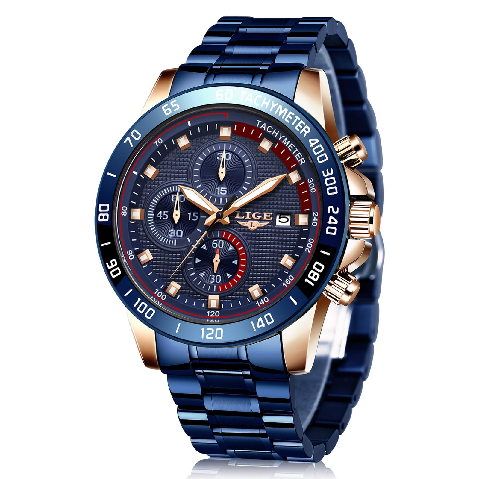 LIGE Montre Homme Chronographe Sport Étanche Acier Inoxydable d'affaires Mouvement Analogique à Quartz Montres Bracelet pour Homme