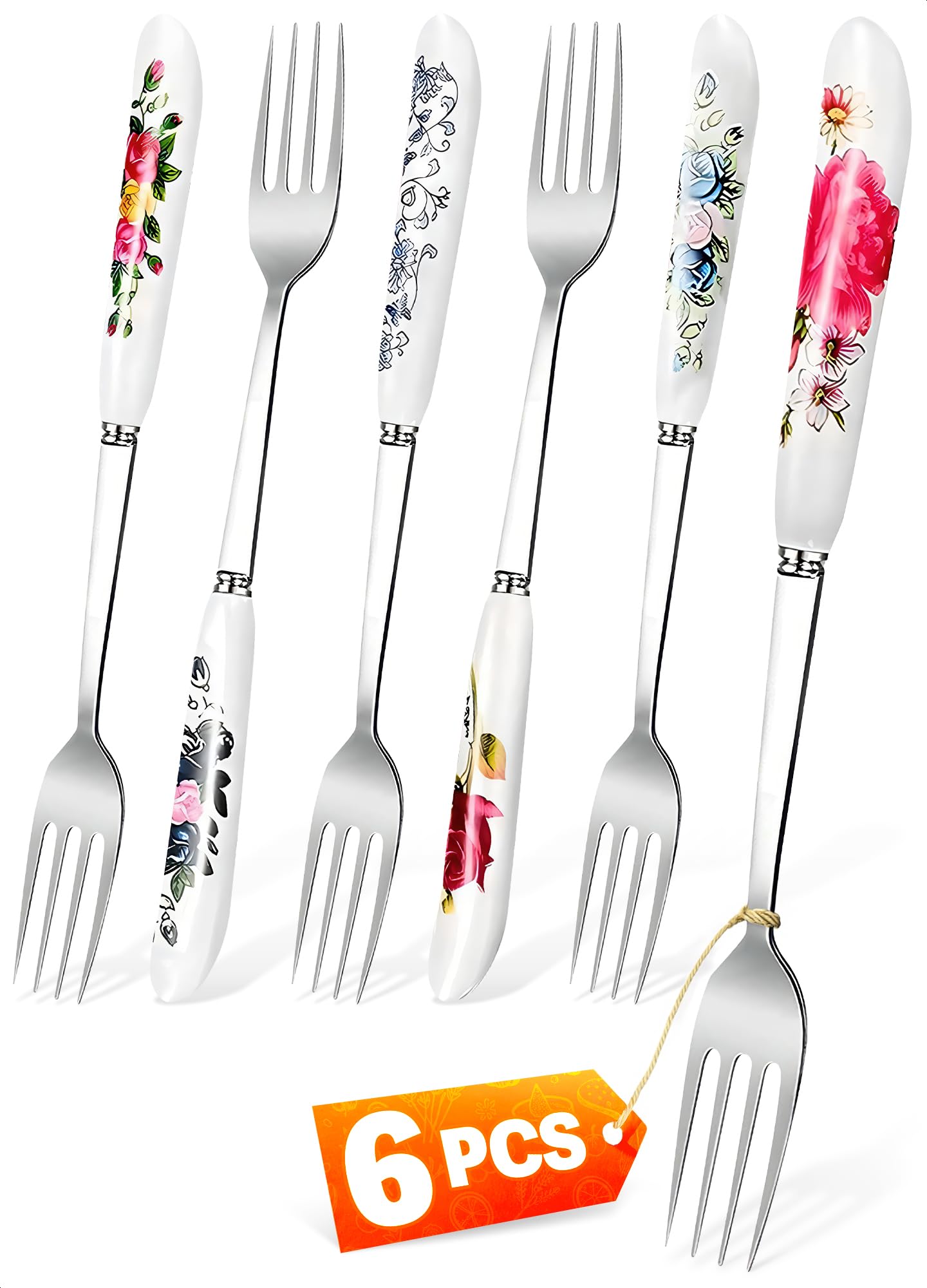 6 PCs Dinner Forks Stainless Steel – Fork Set With Floral Design, Ceramic Handle, 8.3" Utensils for Table Serving, Built to Last, Dishwasher Safe – Kitchen Gift Set for Special Occasions and Daily Use