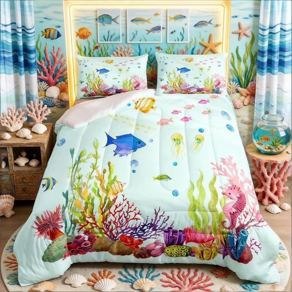 Loussiesd Sea Creatures Ocean Marine Seahorse Bedding Set for Boys Girls Kids Ultra Soft Marine life Sealife Duvet Set Down Comforter Double Size