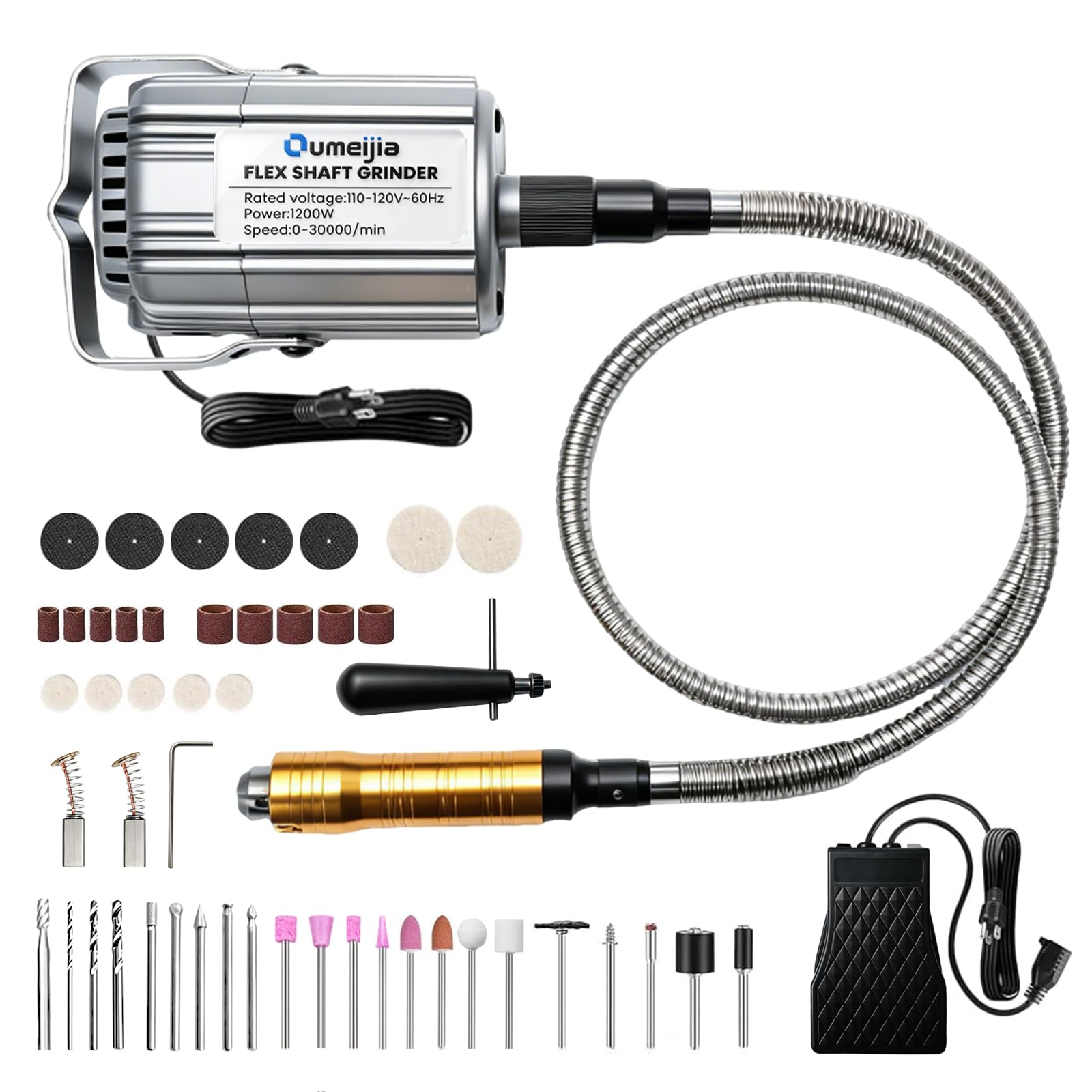 Herramienta giratoria de eje flexible de 1200 W, amoladora colgante de velocidad variable de 30000 RPM con 46 accesorios y pedal de pie, máquina eléctrica de tallado de eje flexible para madera, metal