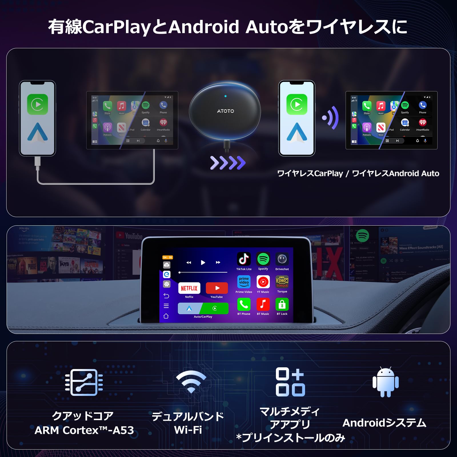 Amazon.co.jp: デュアルWiFi搭載ワイヤレスCarPlayアダプター、2 in 1