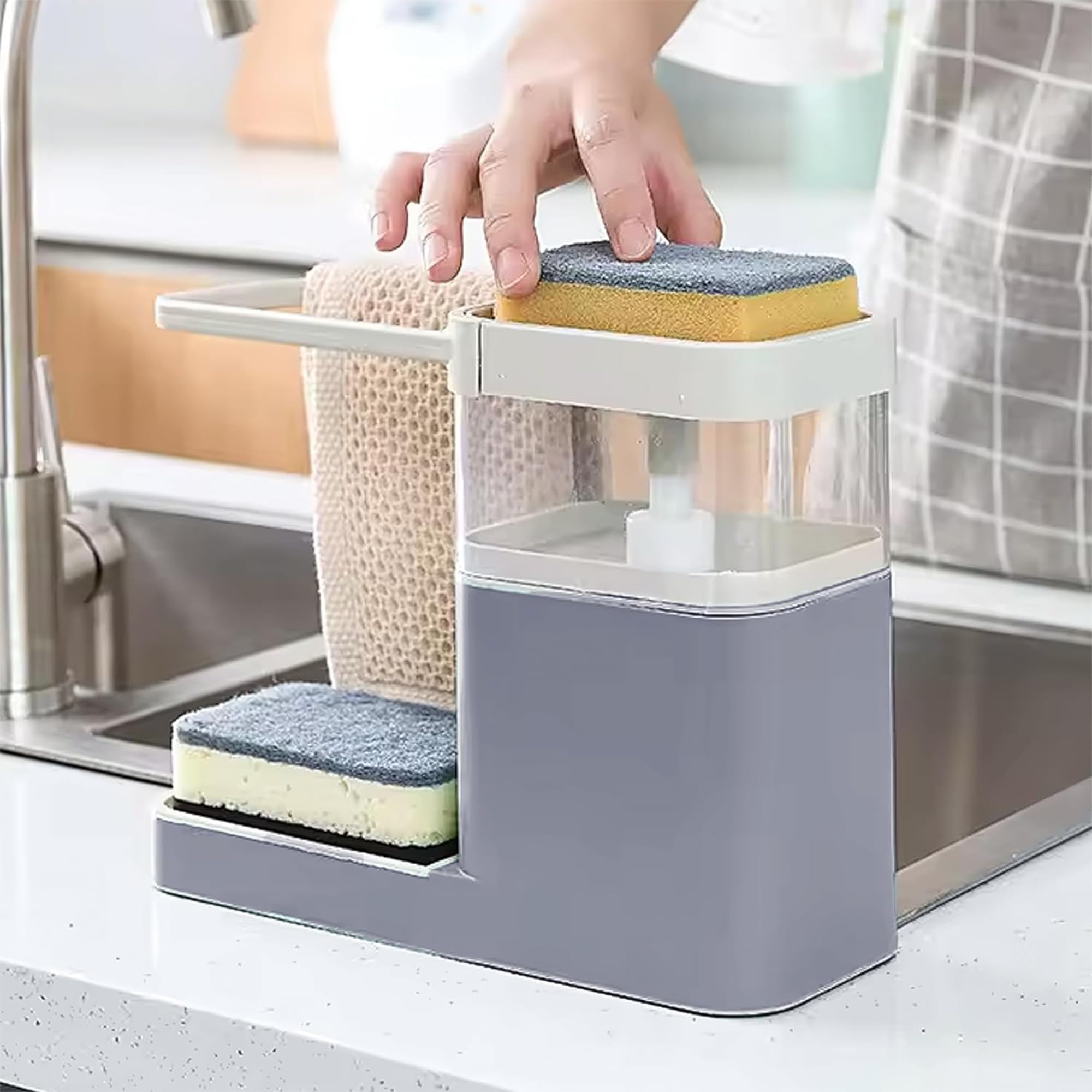 Kuber Industries 3-in-1 Soap Dispenser (800ml) with Sponge Holder & Towel Rack | Multifunctional Kitchen Accessories Items for Home | Non-Fragile | Grey (B0D4V6RC9M) Amazon Price History, Amazon Price Tracker
