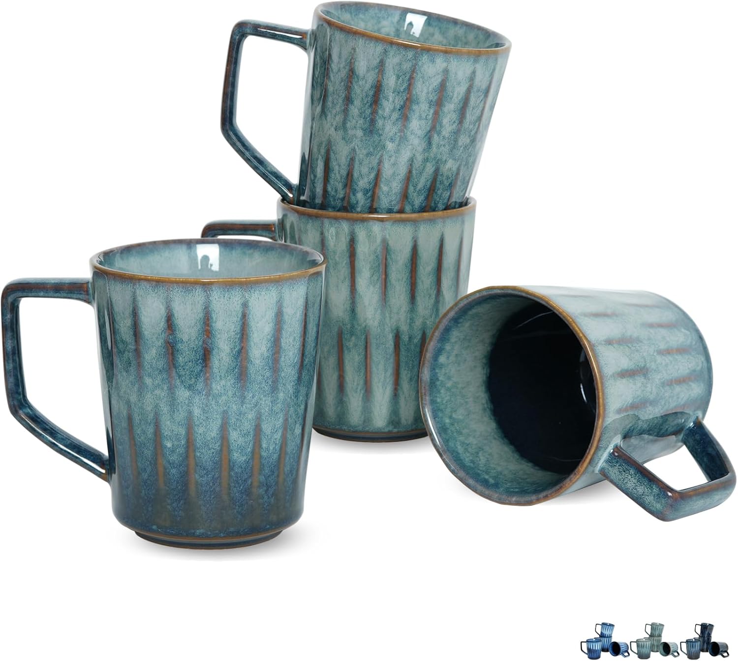 Bosmarlin Ceramic Coffee Mug Set of 4, 15 Oz, Coffee Cups with Big Handle, Microwave Safe, Unique Reactive Glaze (Teal, 15 Oz)