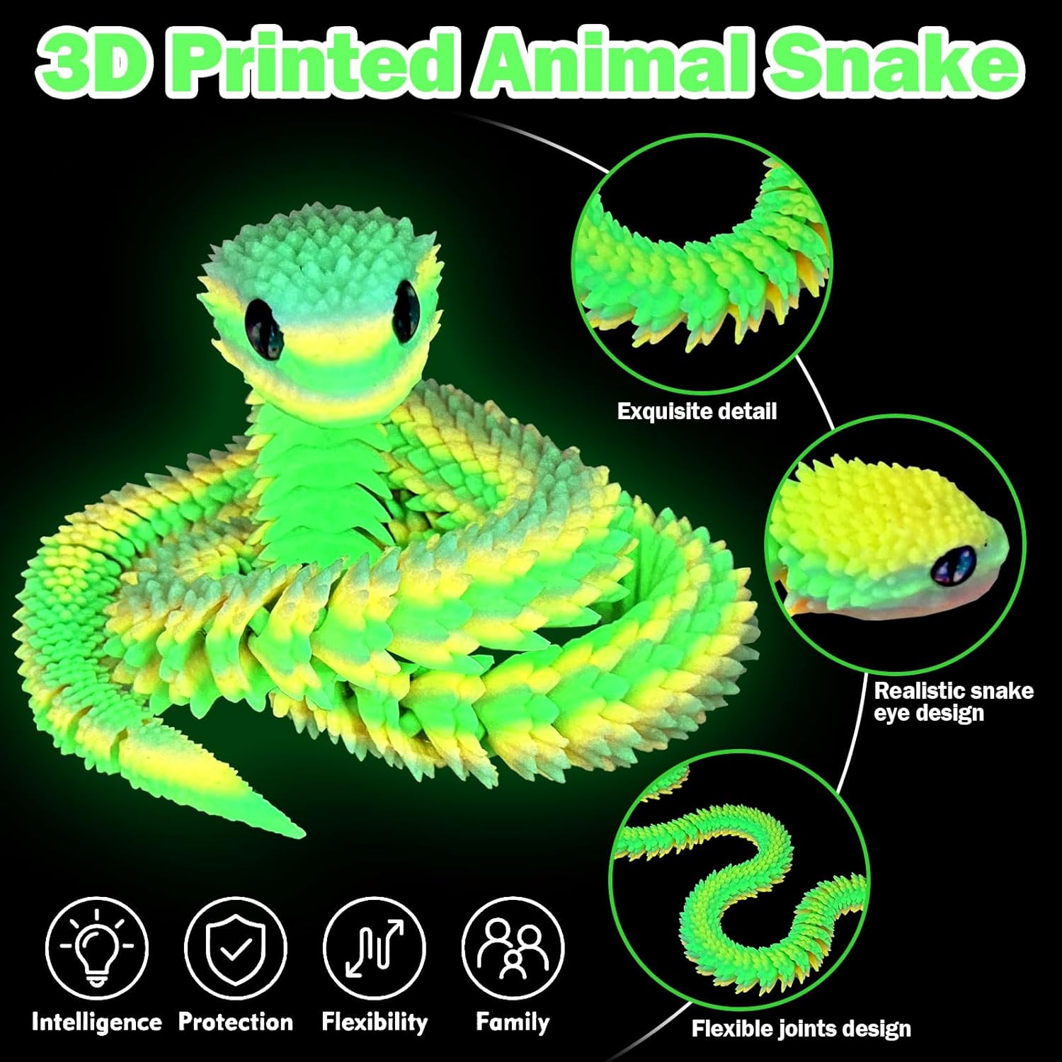 3D Printed Glow in The Dark Animals Snake, 30 Inch Surprise Mystery Fidget Anaconda Toy, Fake Python Statue with Realistic Eyes，3-D Print Articulated Viper Collectible for Home Office (CLR)